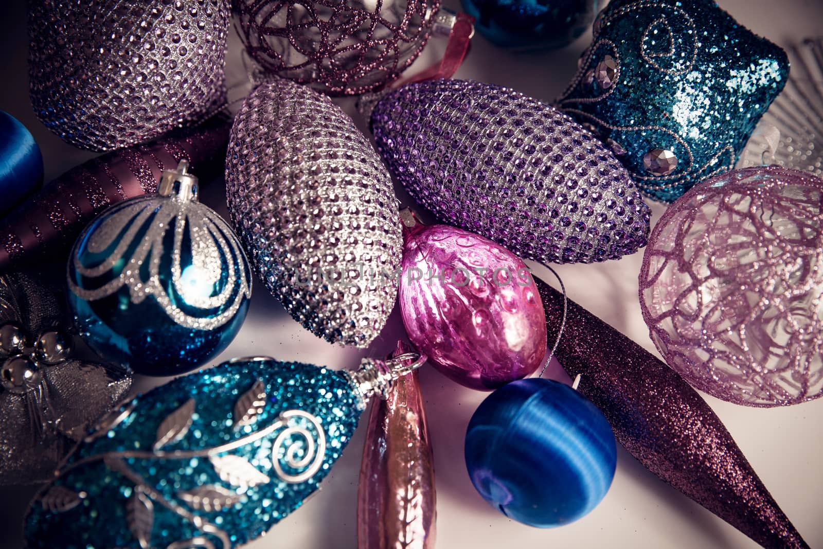 Elegant Christmas 2019 decor closeup, blue and pink colors