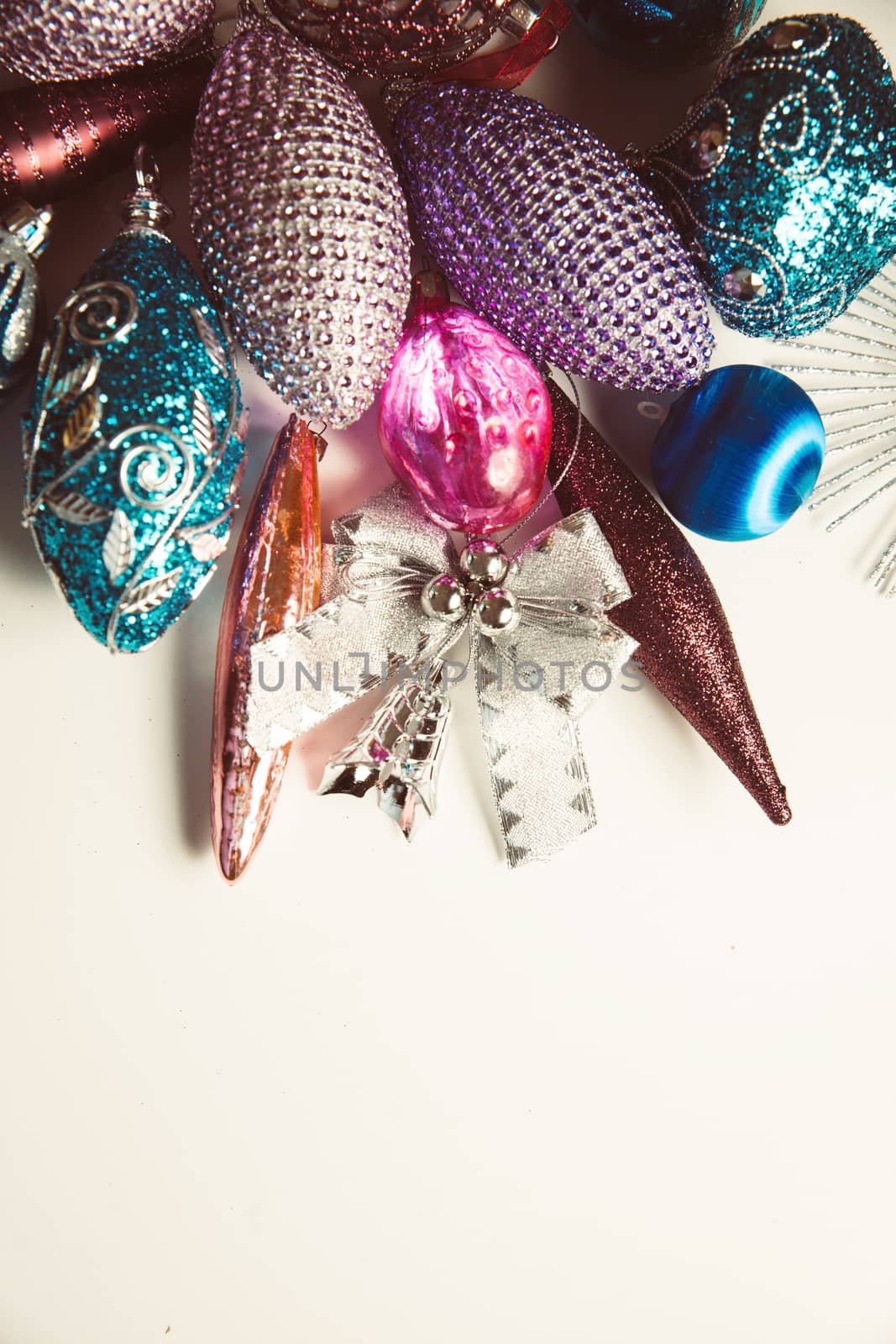 Elegant Christmas 2019 decor closeup, blue and pink colors