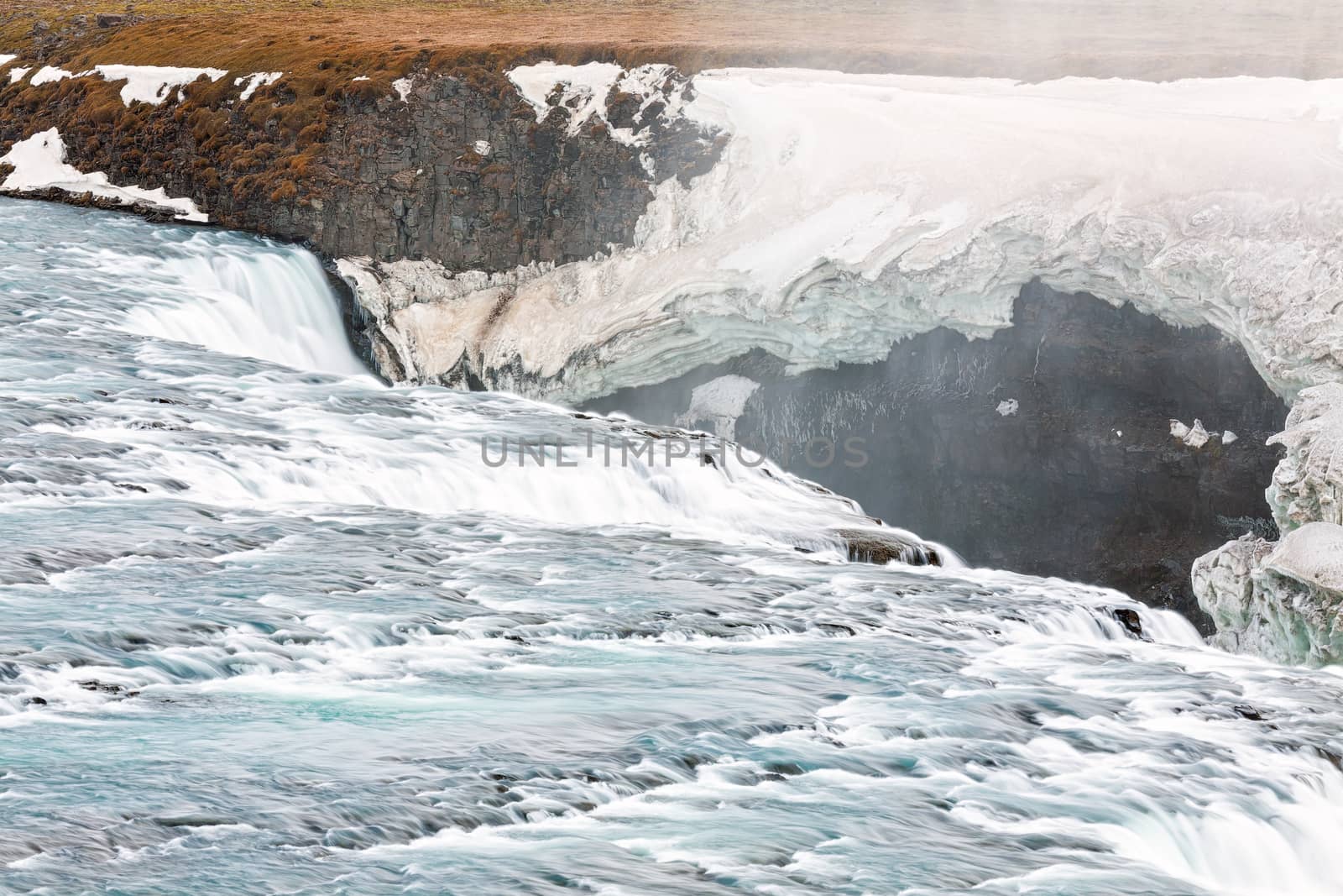 Close up of powerful Gullfoss waterfall, Iceland