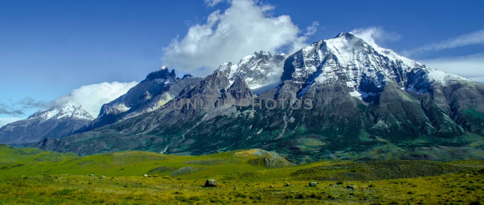 Las Torres del Paine mountains over green grass in Argentina