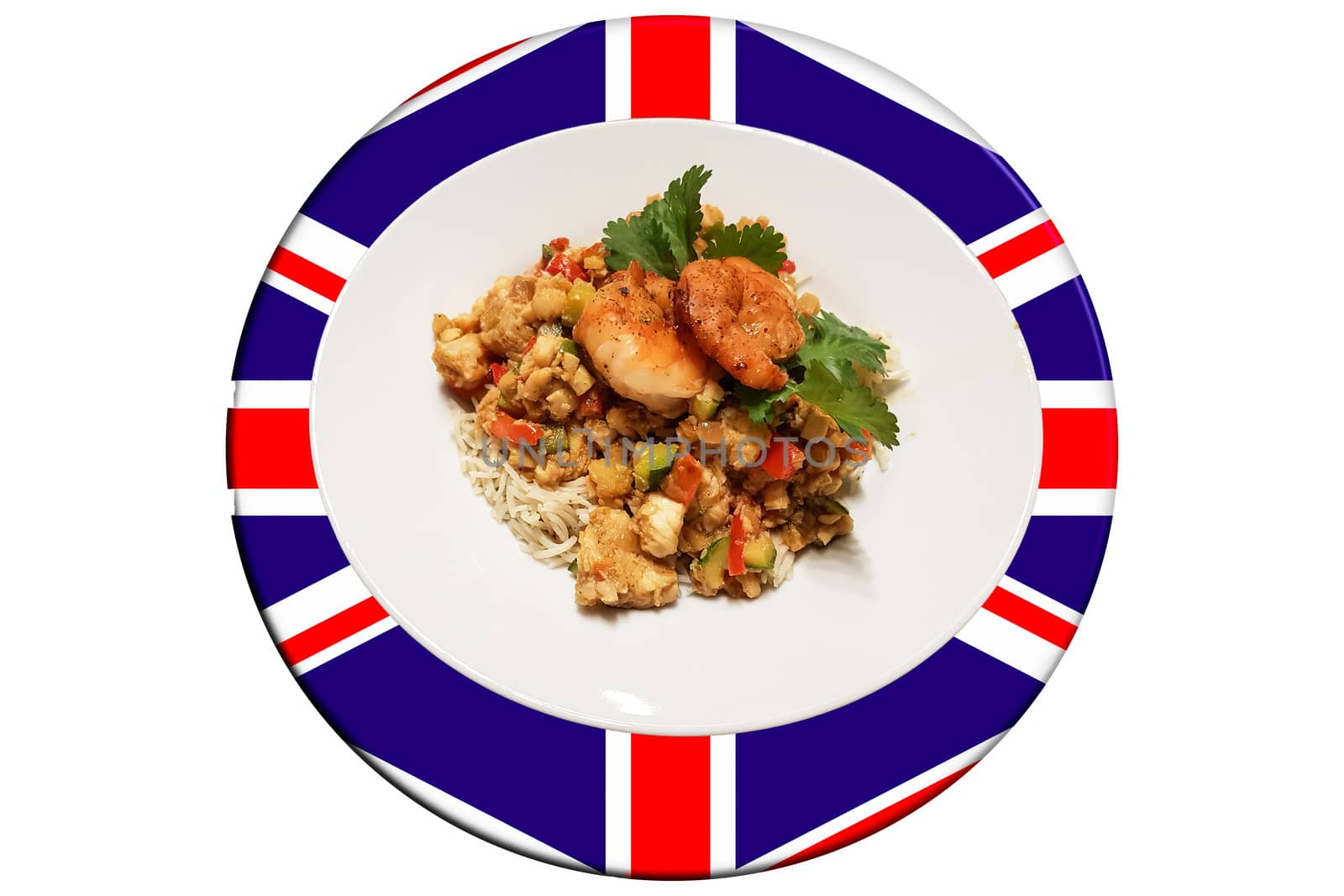 Prawns with rice noodles and vegetables