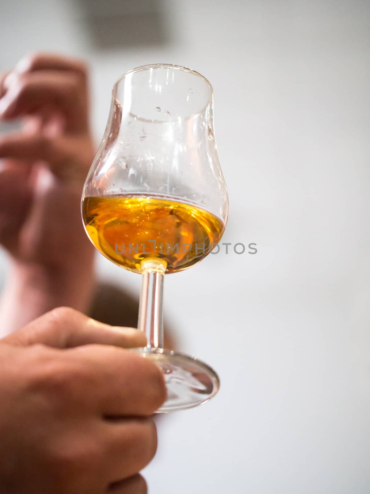 Hand holding a snifter glass filled with whisky by Alex_L
