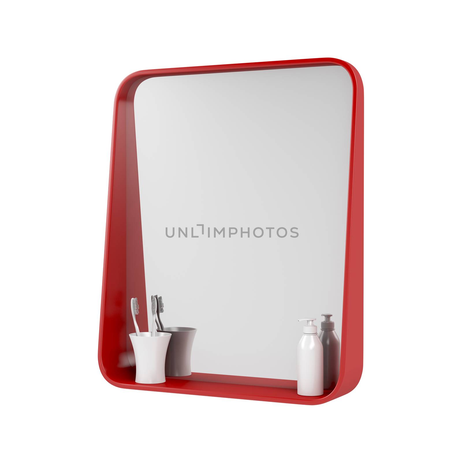 Red bathroom mirror with two toothbrushes and liquid soap bottle, isolated on white background