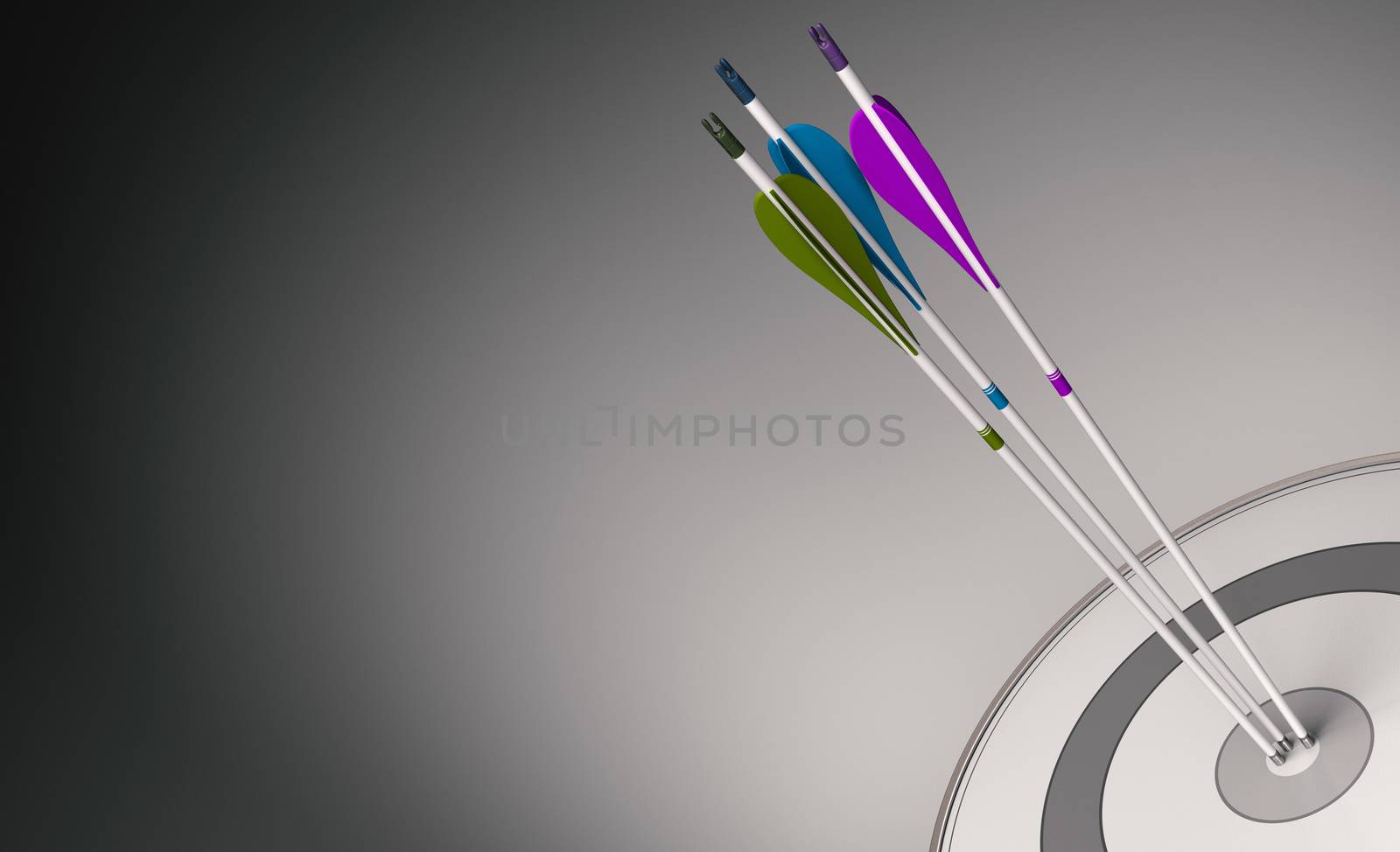 Three arrows with different colors hitting the center of a modern target, concept of team cohesiveness. 3D illustration 