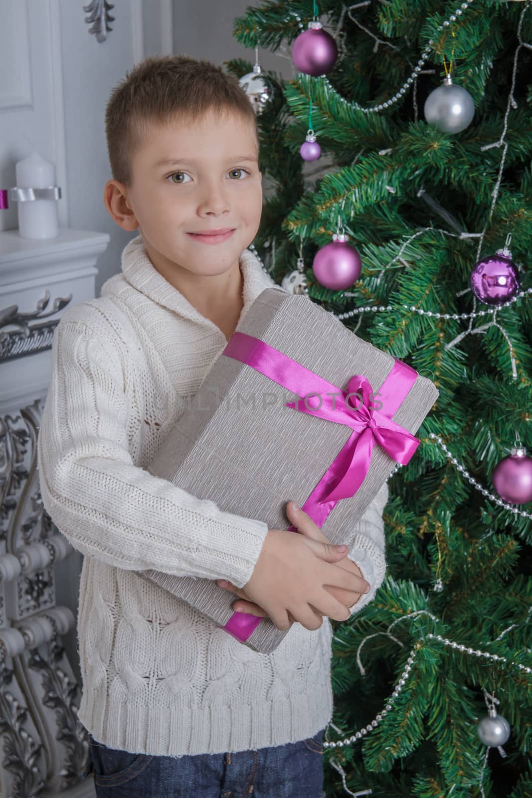 Smiling boy with Christmas gift near decorated treee
