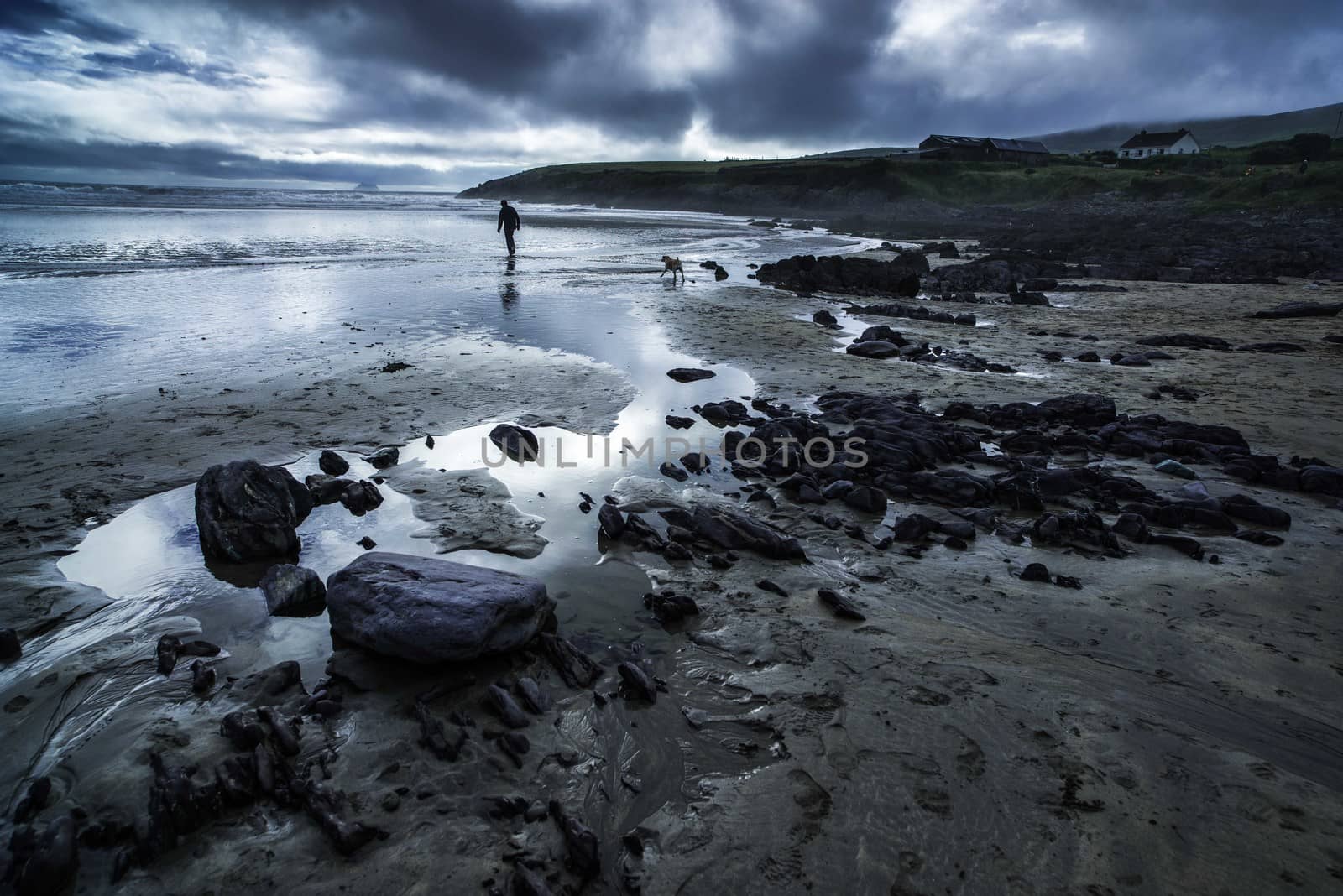 Atmospheric scene of a man and dog on a beach in Ireland in front of Skelly Island with an approaching storm with dramatic dark threatening clouds