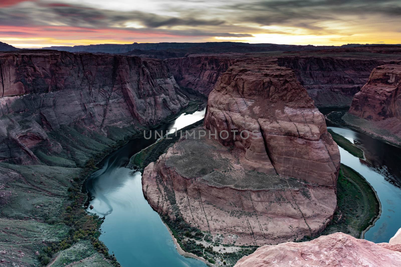 A wondeful view of Colorado river at sunset. The Horseshoe Bend dominating the panorama