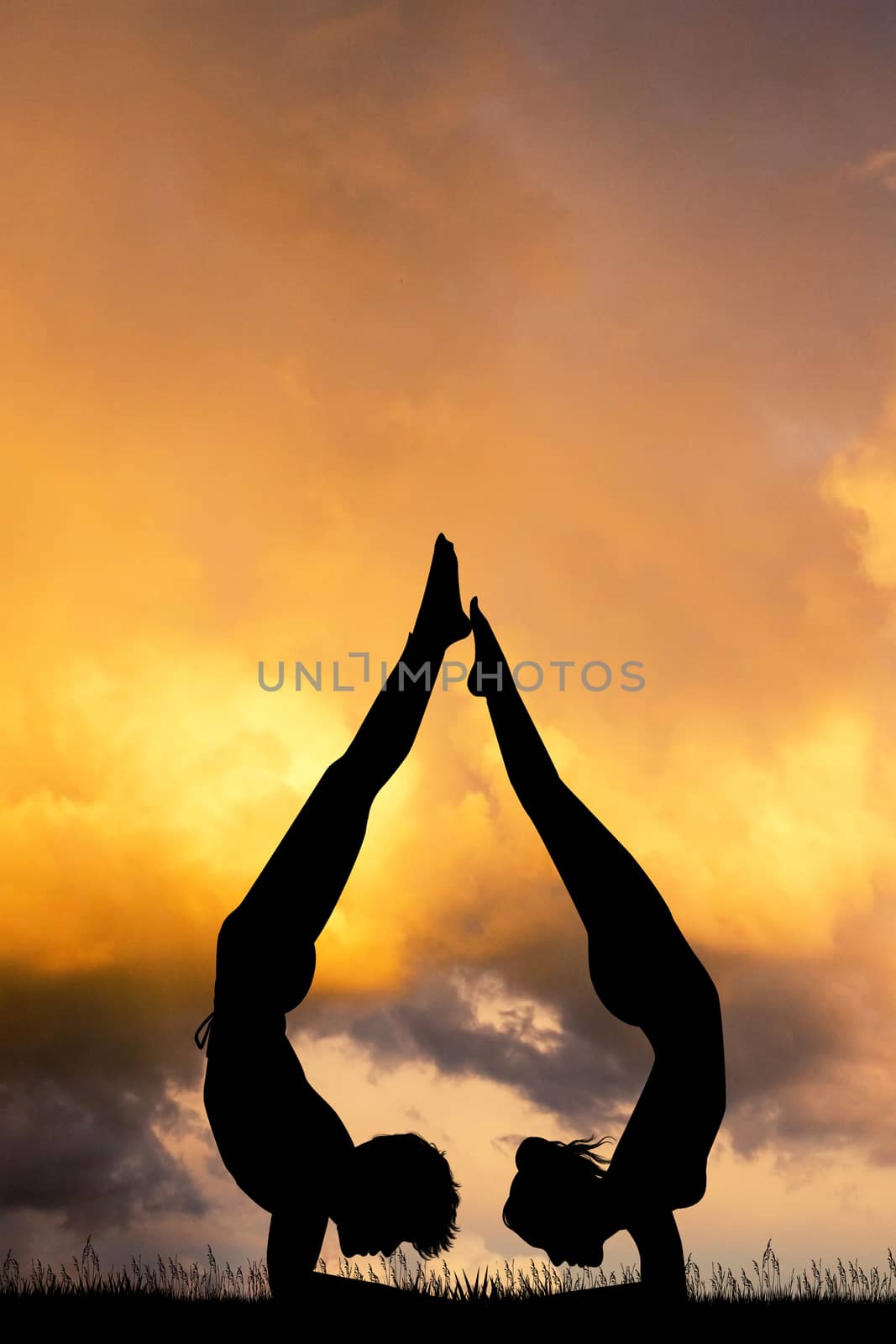 illustration of girl and man do yoga at sunset