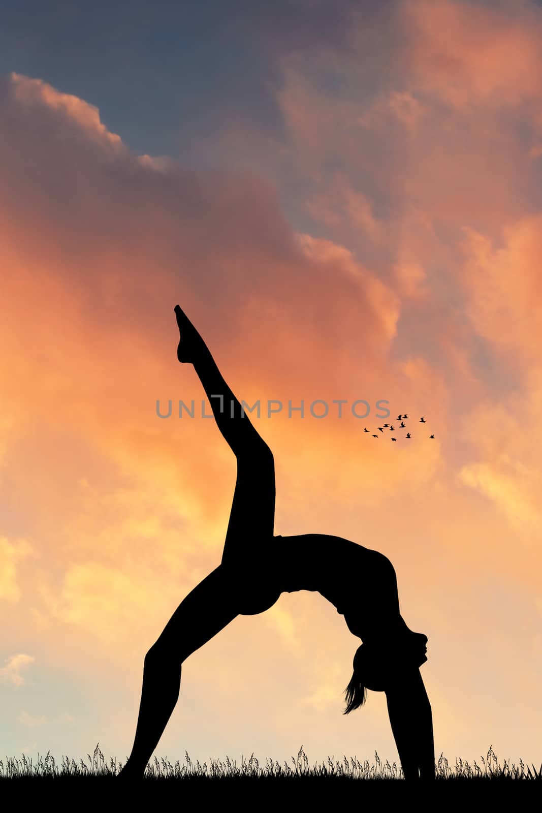 illustration of girl doing yoga ailhouette at sunset