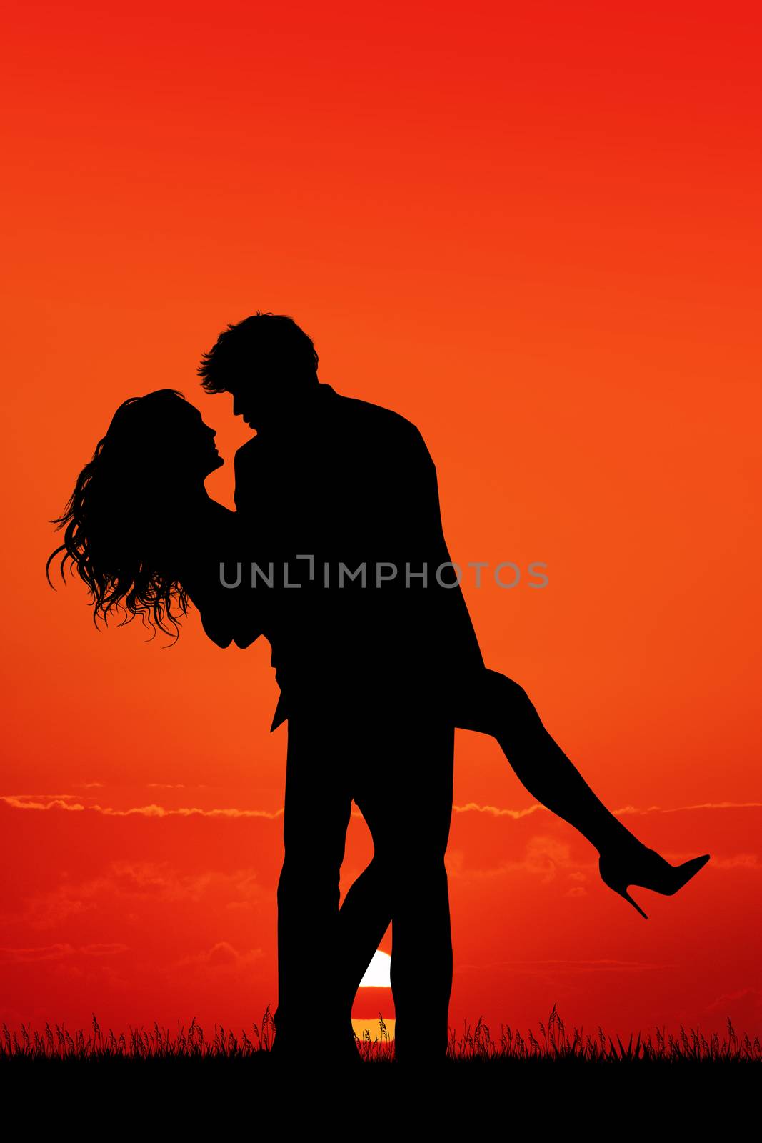 illustration of romantic couple silhouette at sunset