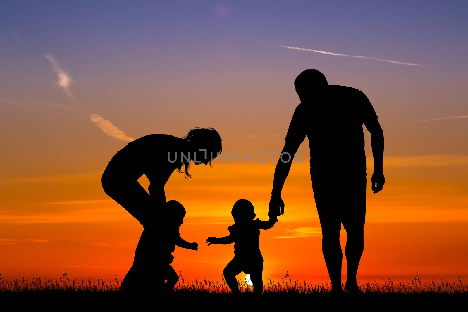 illustration of arents with children at sunset