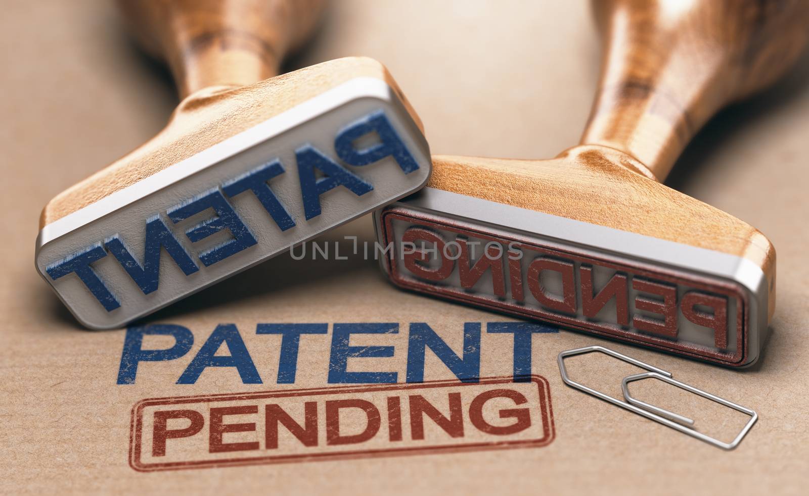 Two rubber stamps with the words patent and pending over brown paper background. Intellectual property concept. 3D illustration.