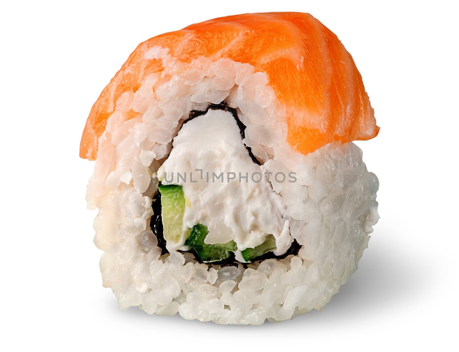 Single piece of sushi roll of Philadelphia rotated by Cipariss