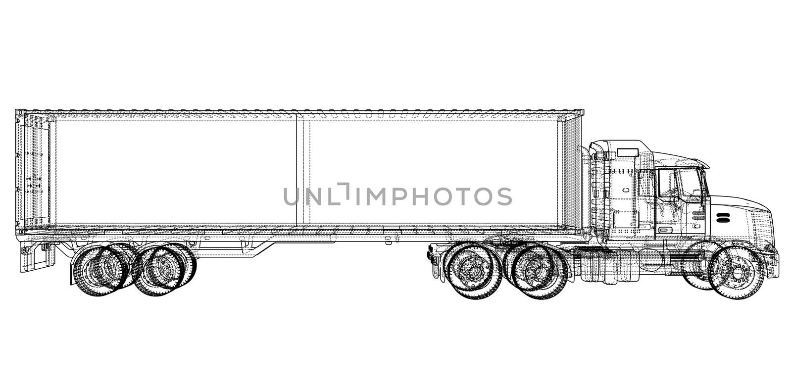 Truck with semitrailer. Wire-frame style. 3d illustration