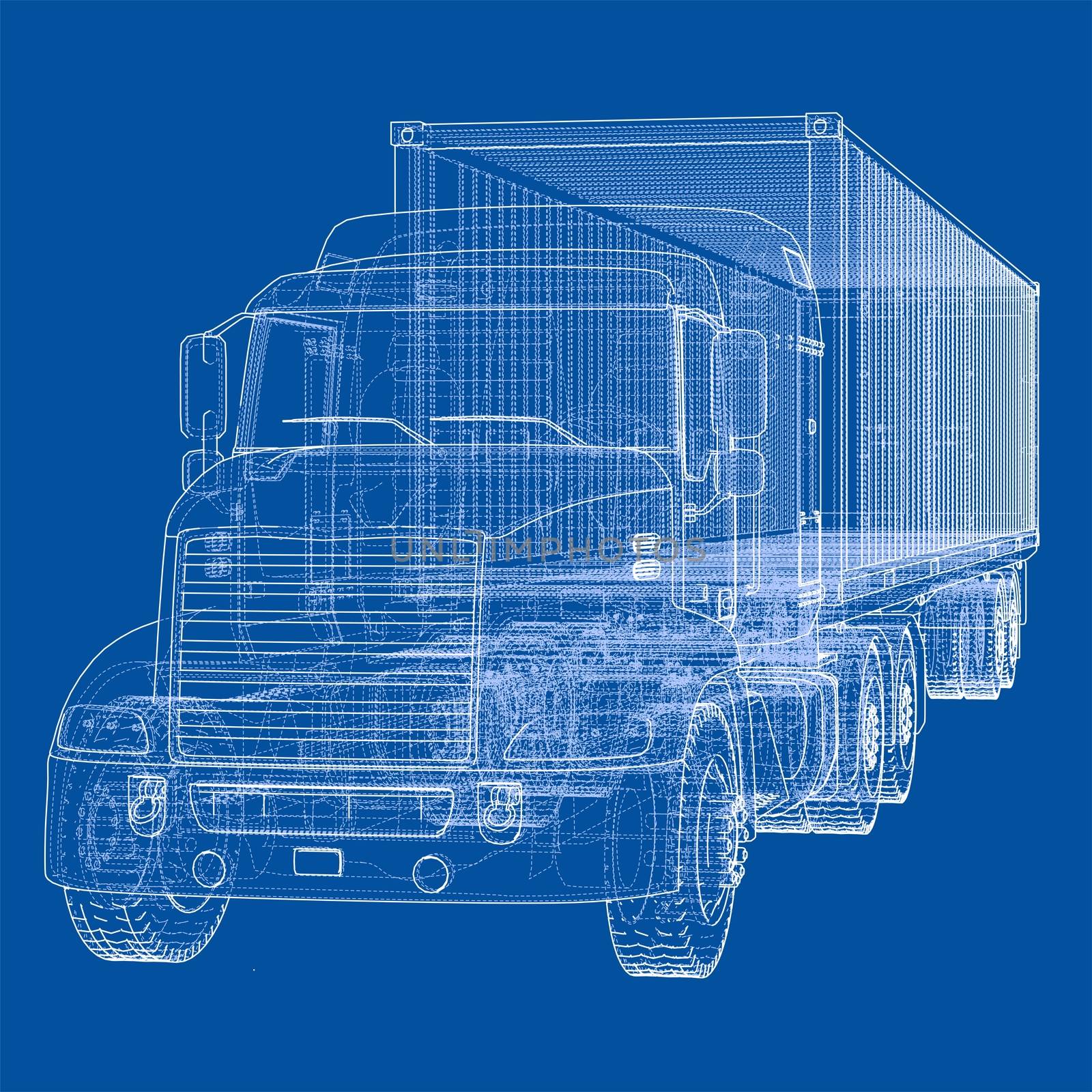 Truck with semitrailer. Wire-frame style. 3d illustration