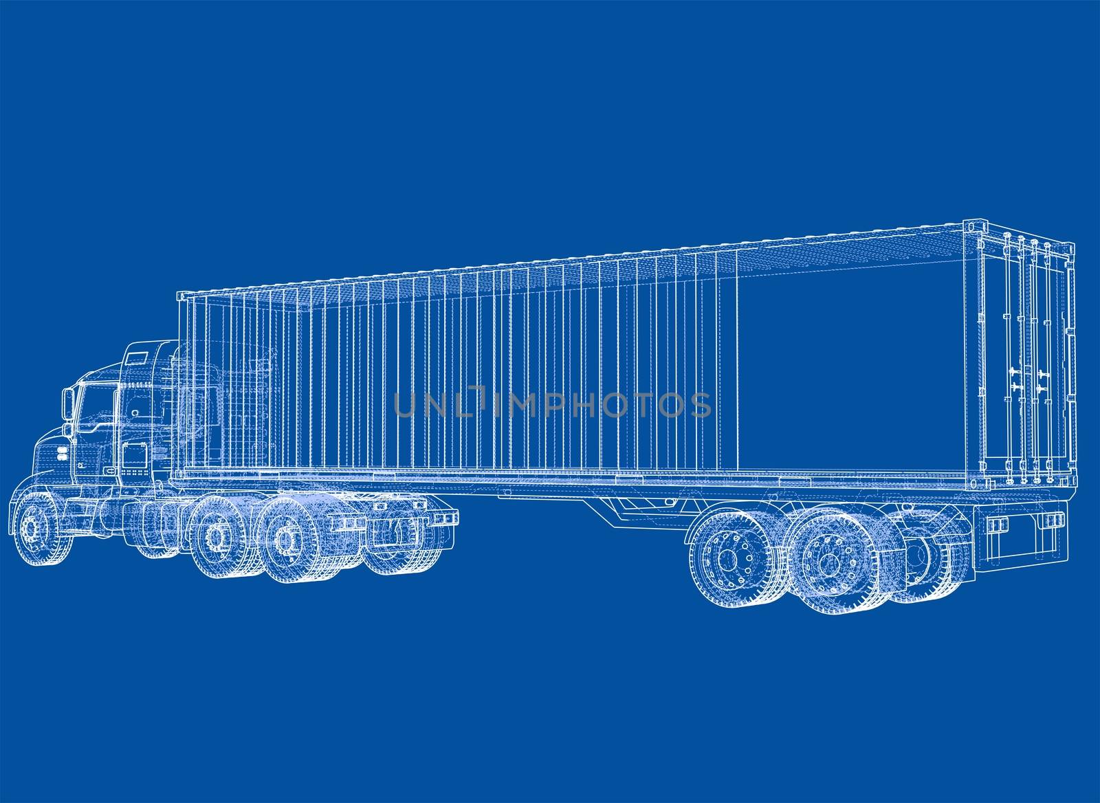 Truck with semitrailer. Wire-frame style. 3d illustration