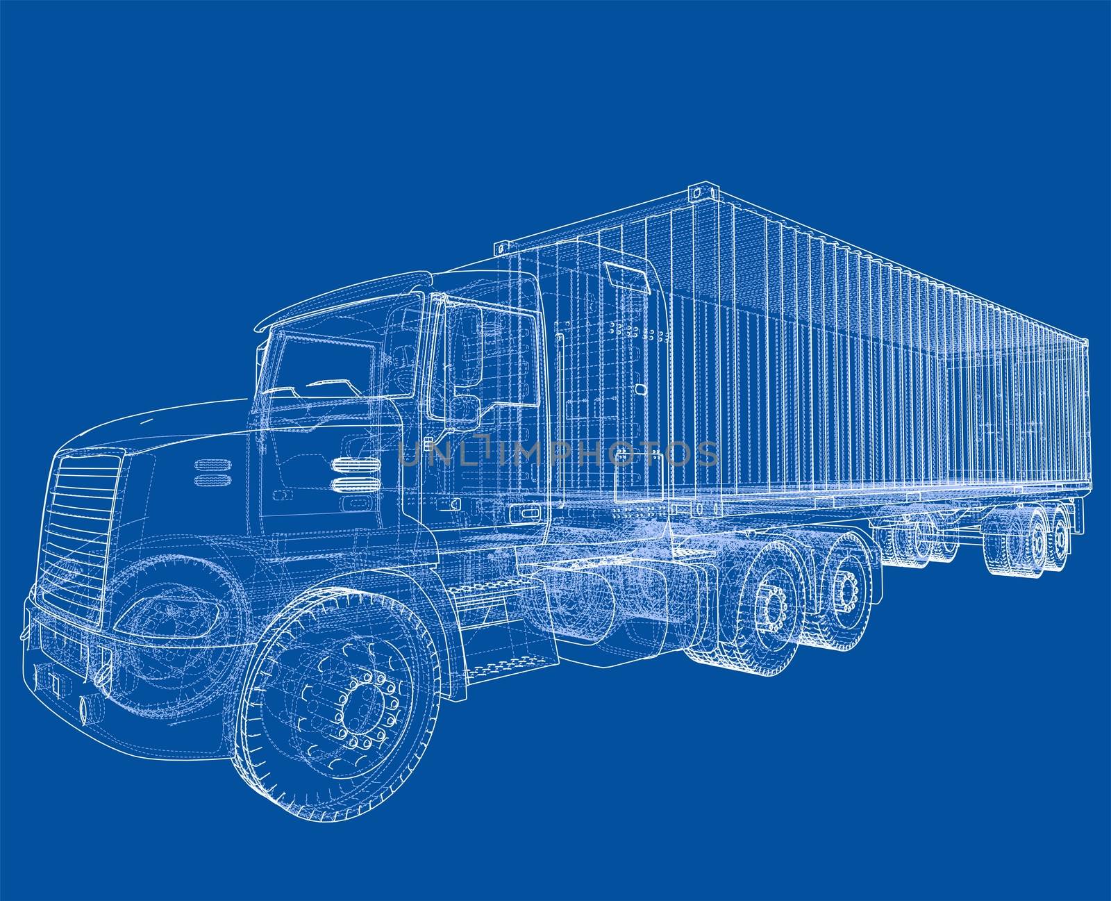 Truck with semitrailer. Wire-frame style. 3d illustration