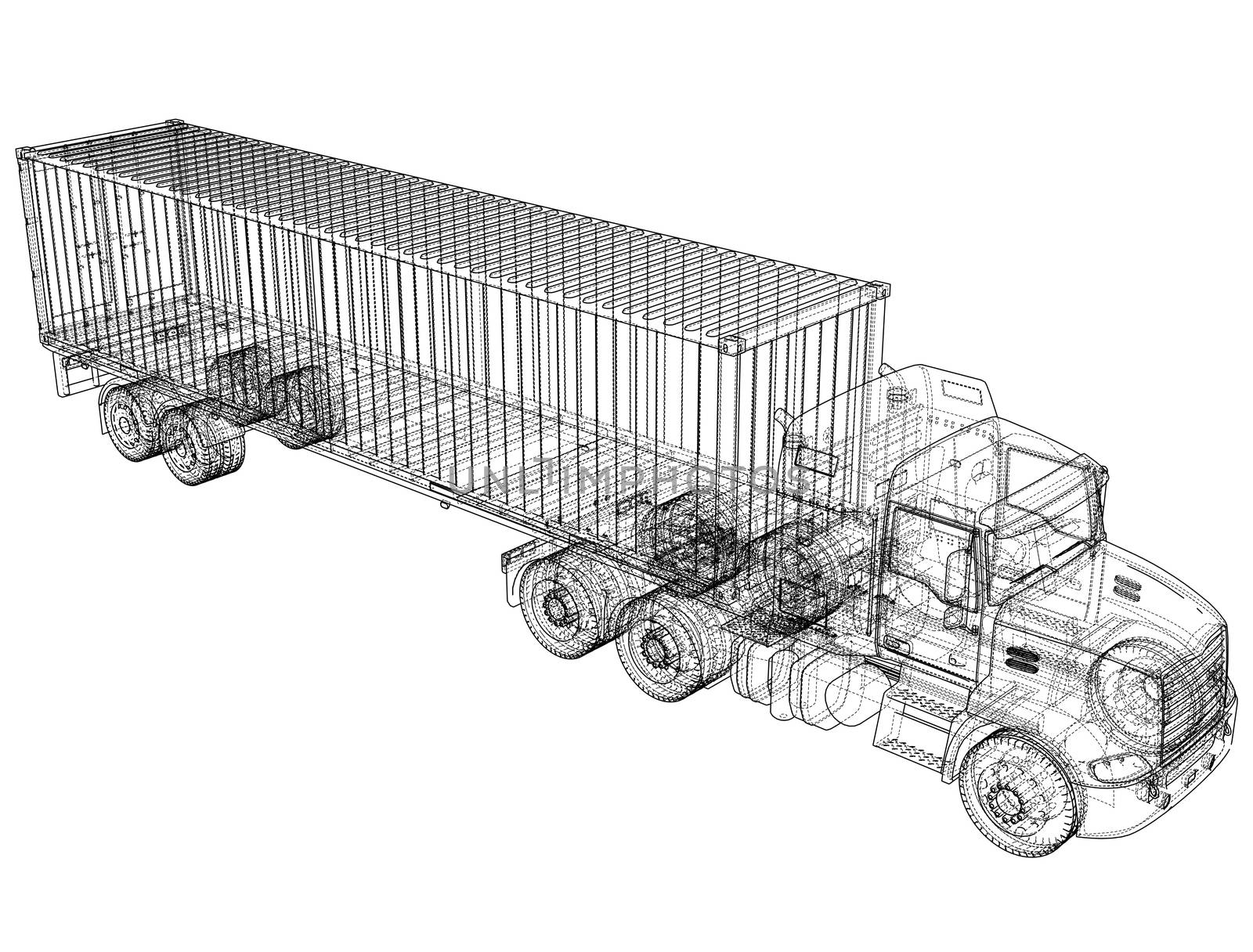 Truck with semitrailer. Wire-frame style. 3d illustration