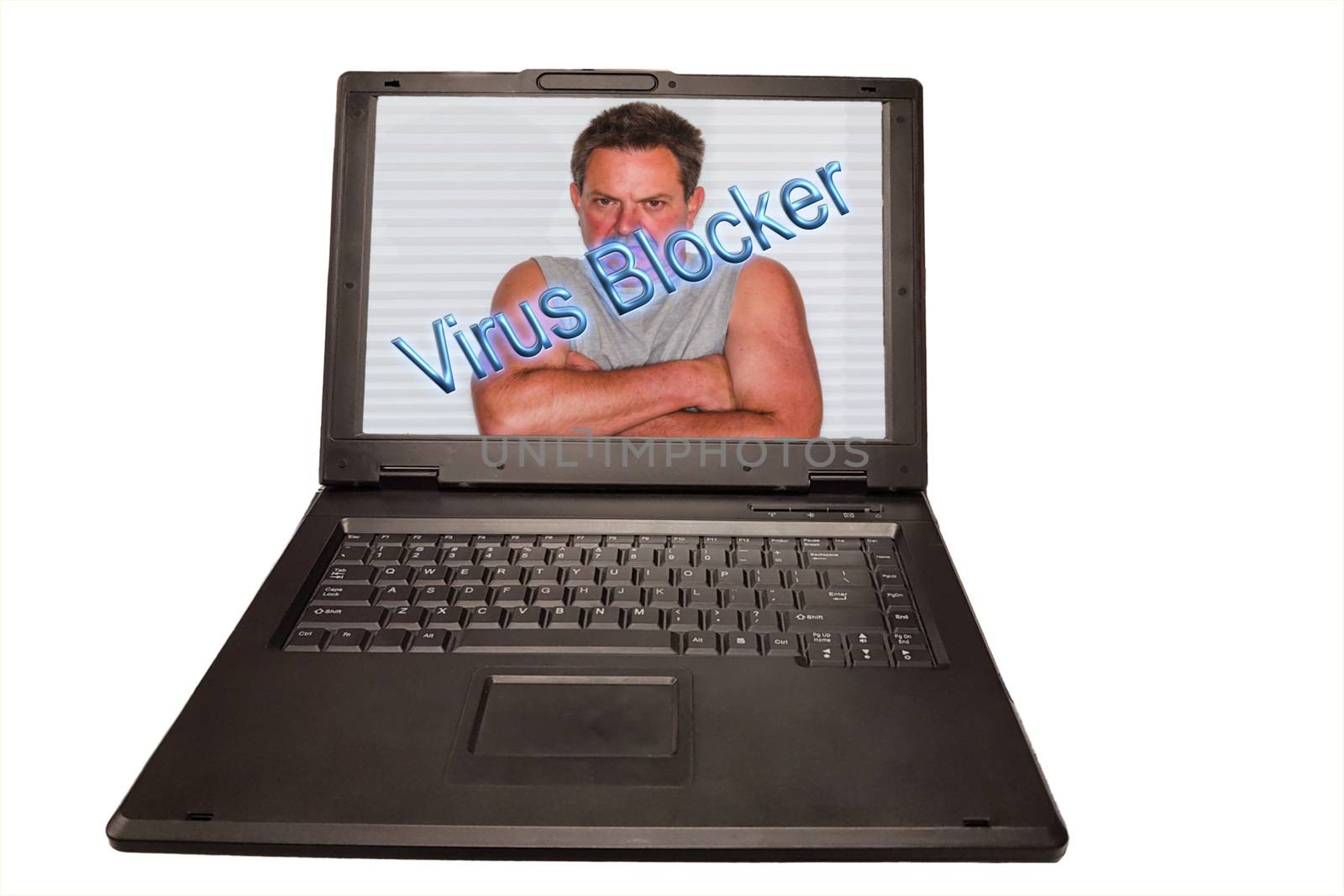 Angry man on the screen of a laptop. Concept protect your cyber identity.