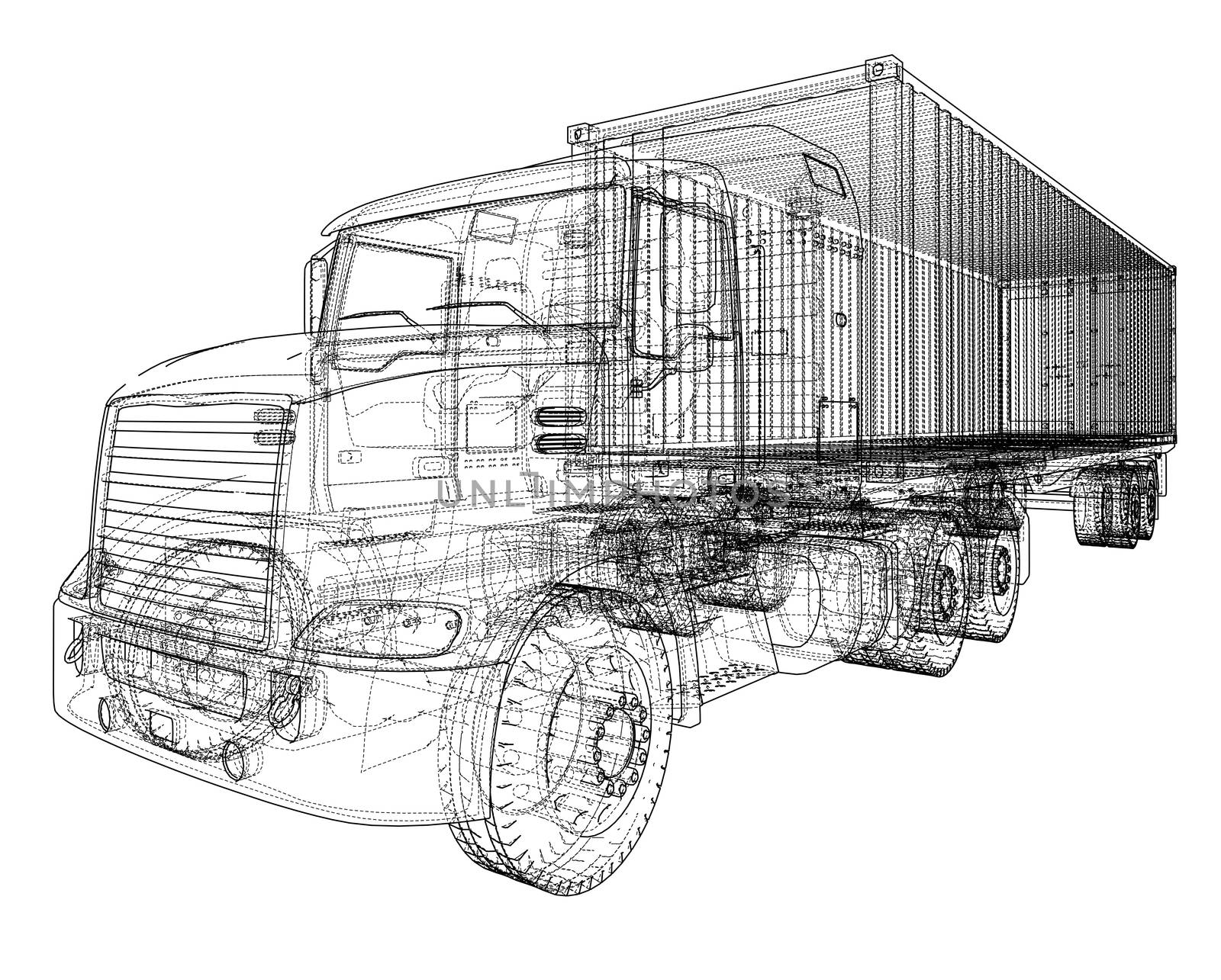 Truck with semitrailer. Wire-frame style. 3d illustration