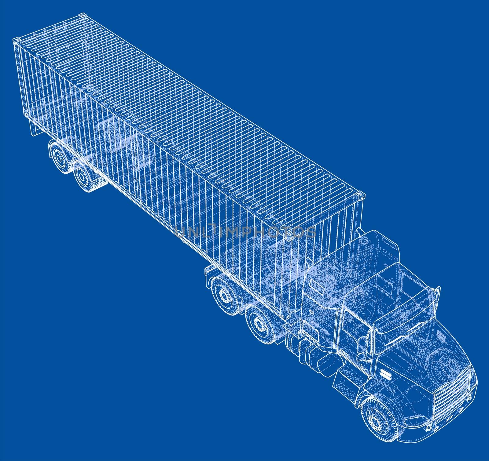 Truck with semitrailer. Wire-frame style. 3d illustration
