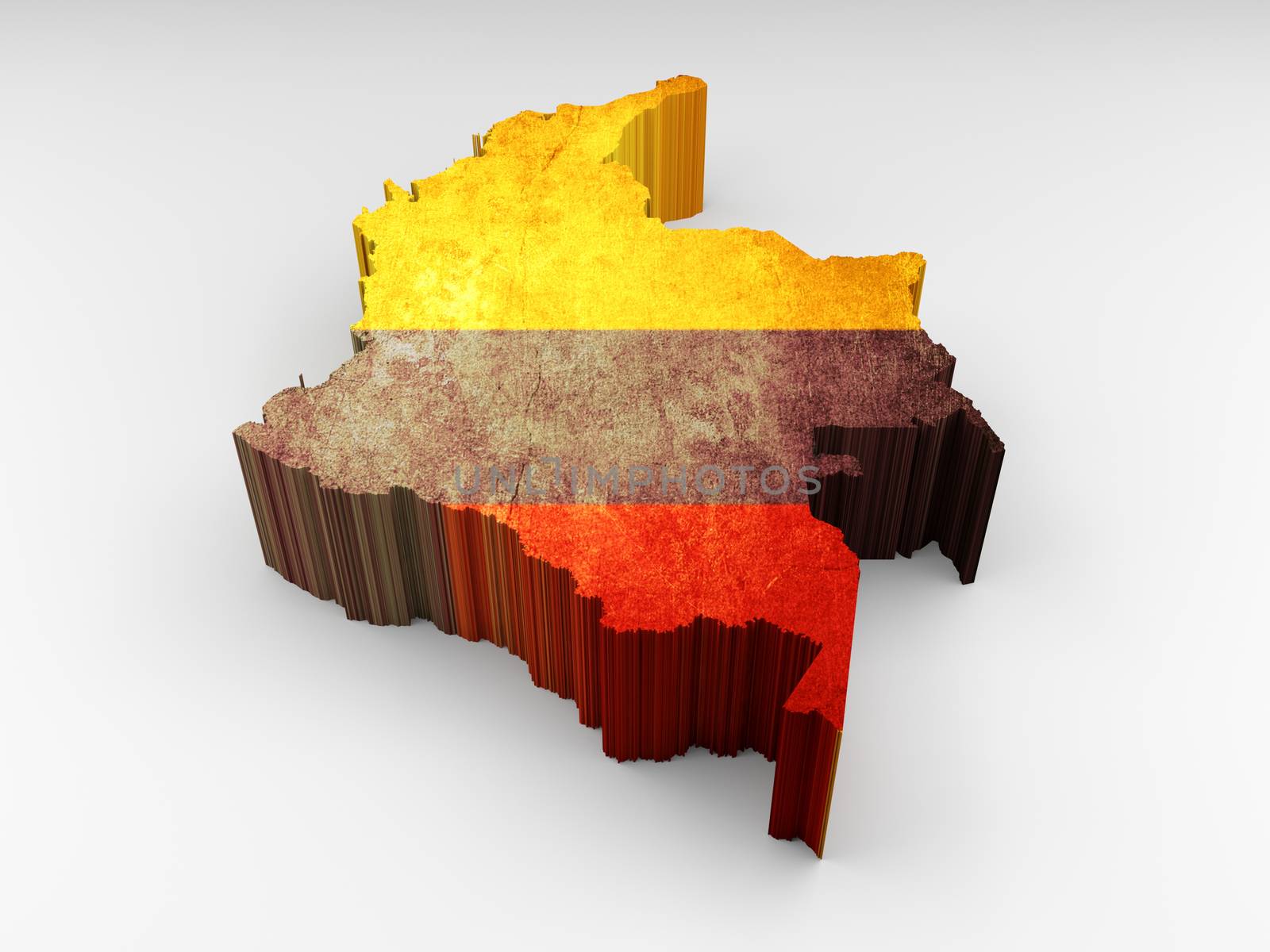 3d Colombia map textured with a Colombian flag on a white background