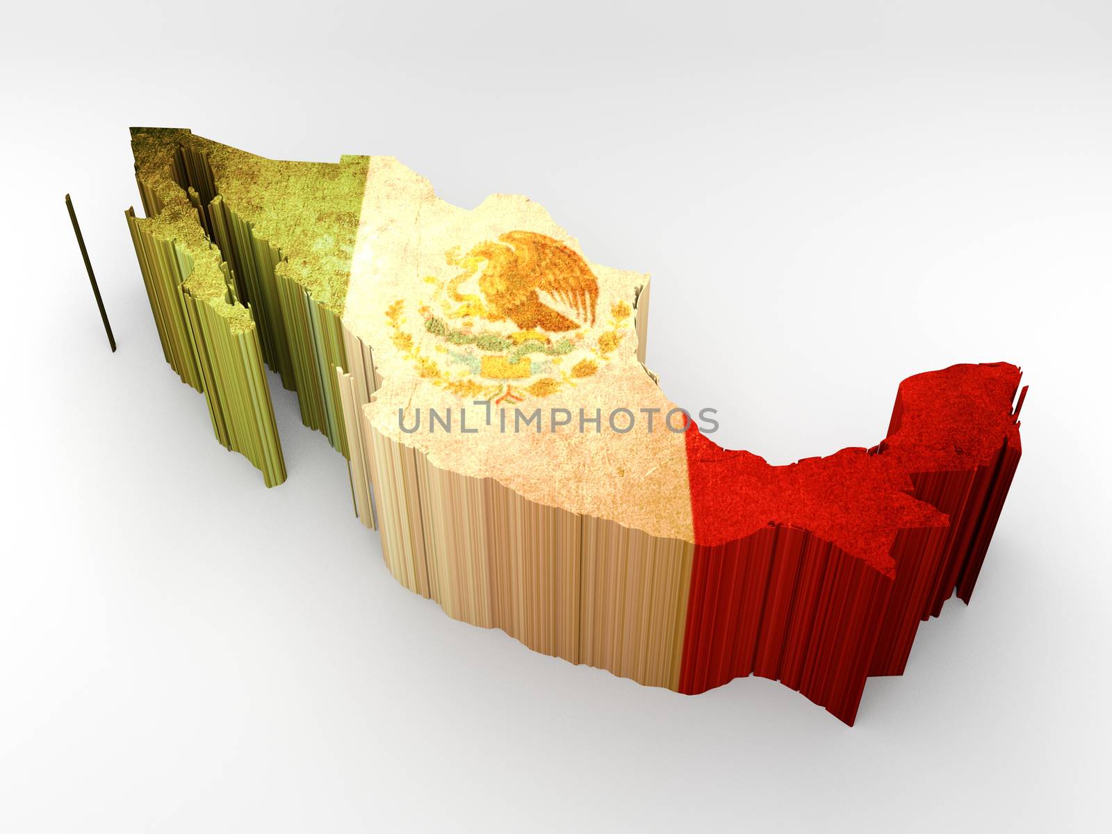 3d textured Mexico map with a mexican flag on white backgrounf