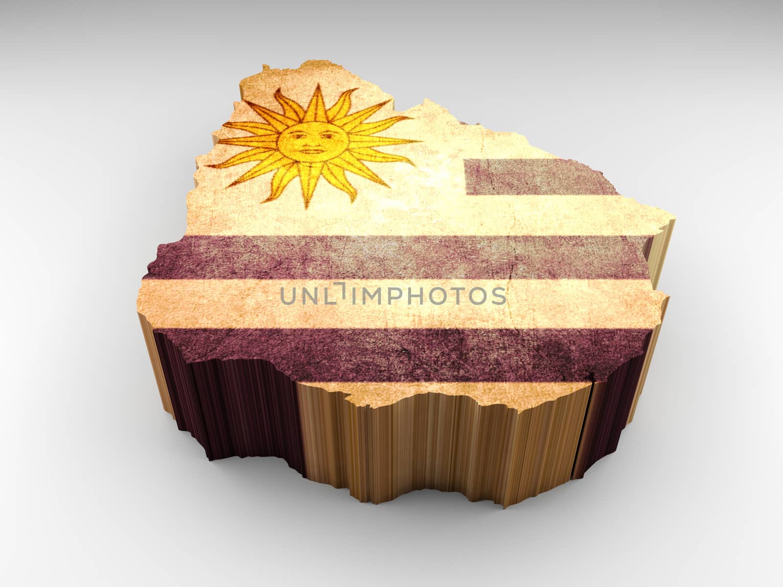 Uruguay 3d textured map with Uruguayan flag on white background