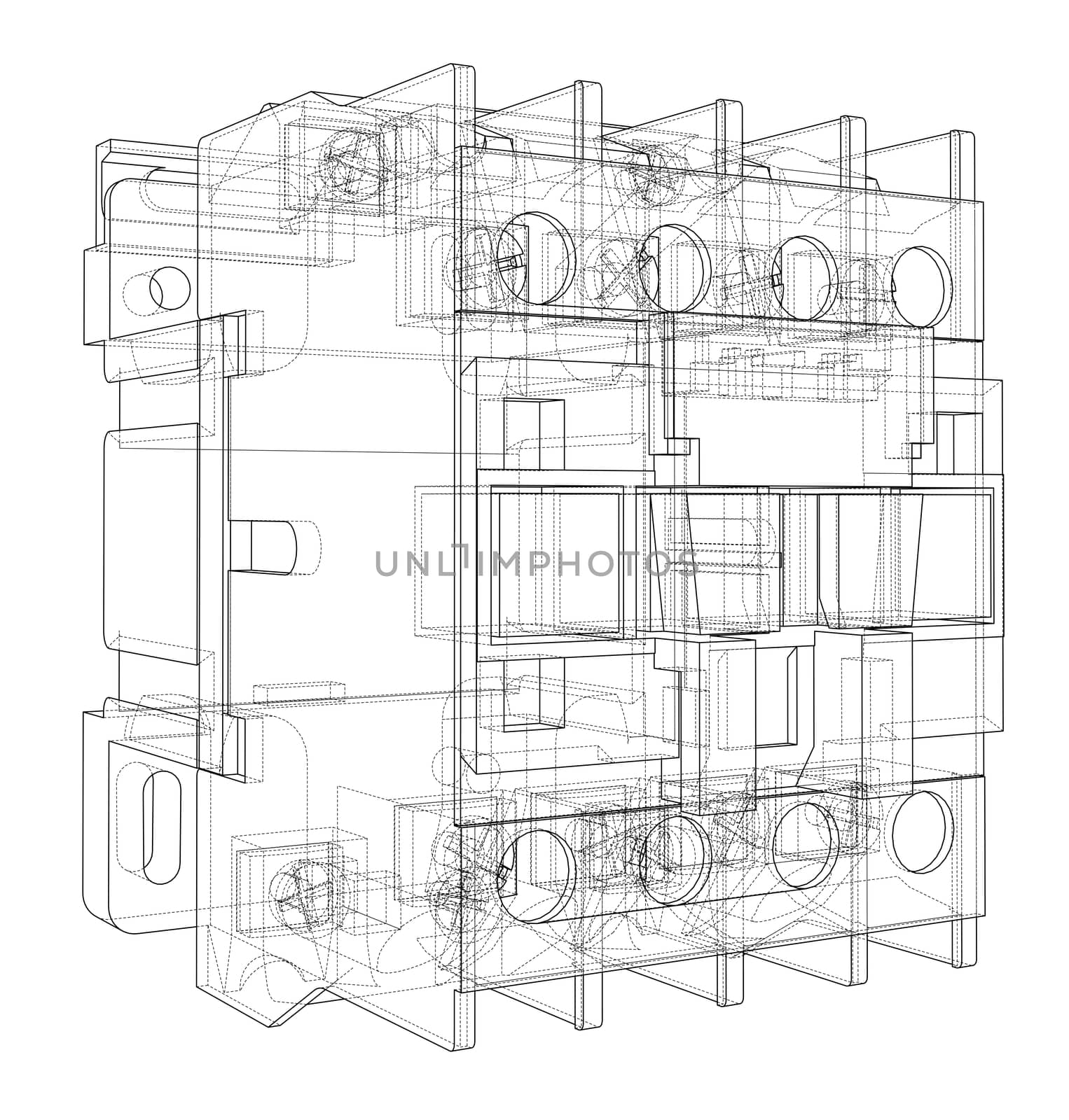 Automatic circuit breaker concept. Wire-frame style. 3d illustration