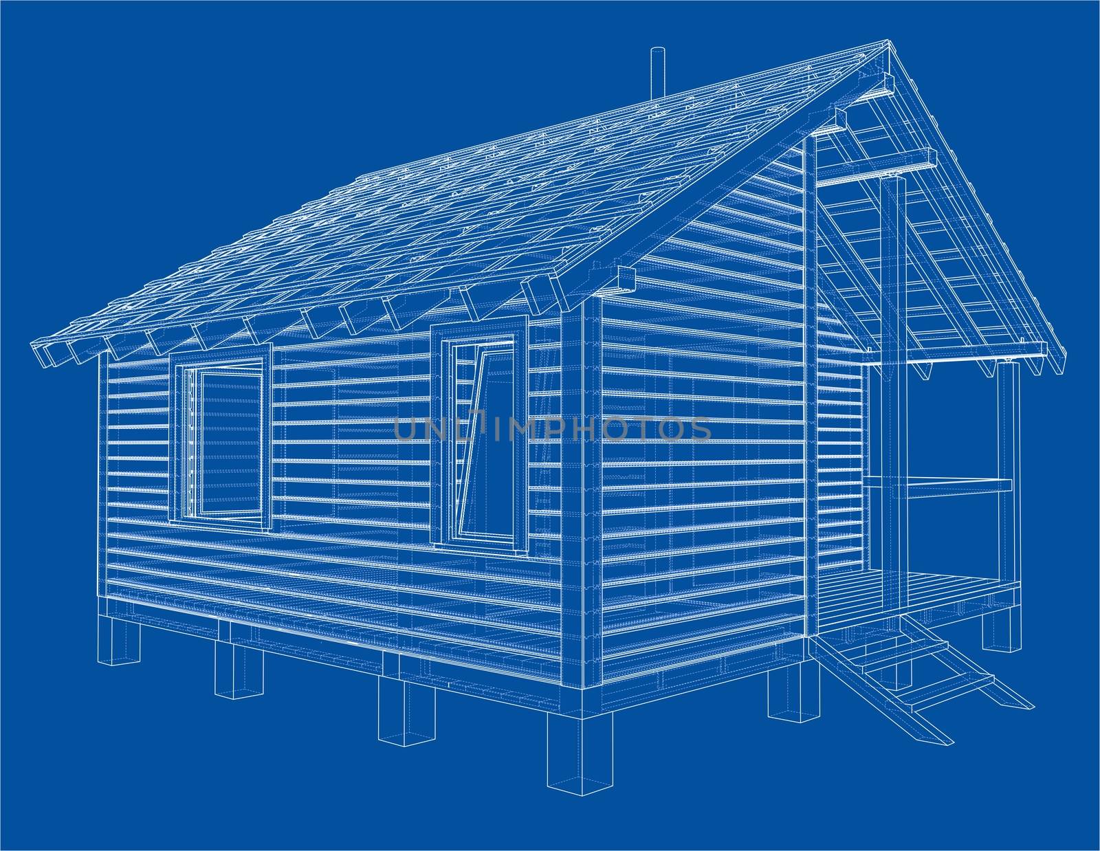 Sketch of small house. Wire-frame style. 3d illustration