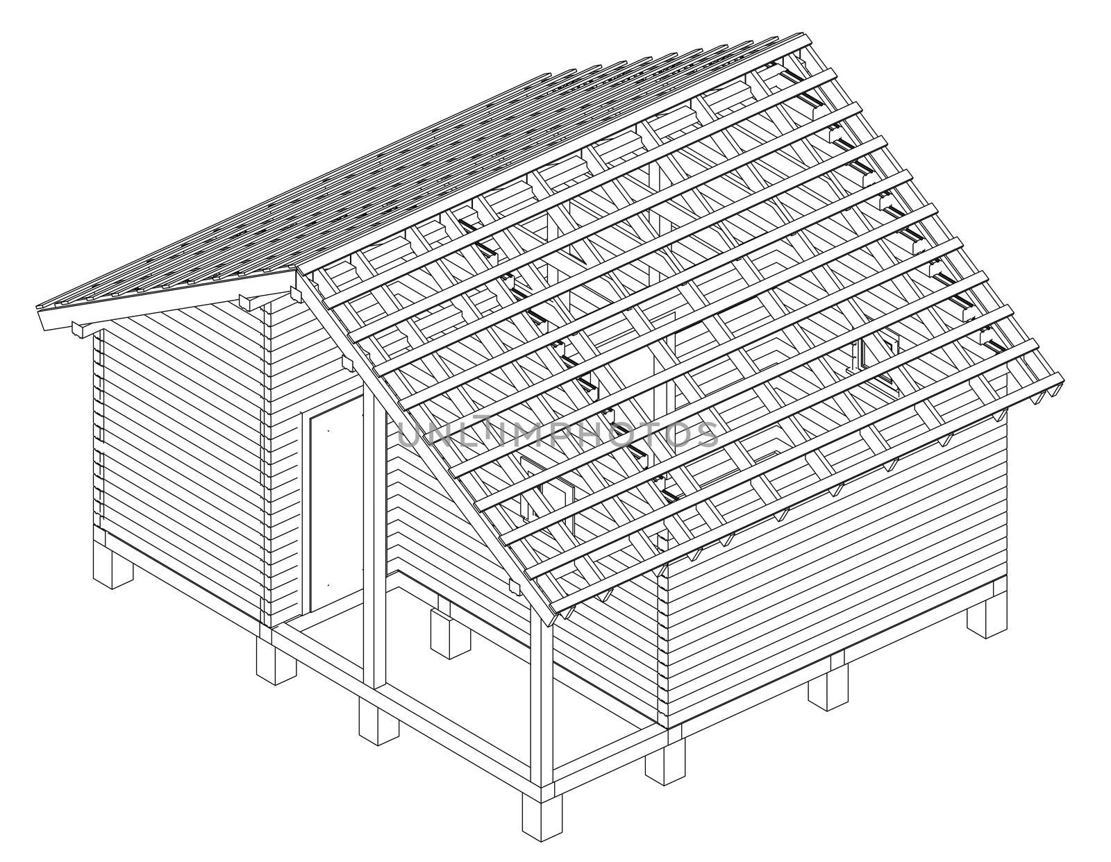 Sketch of small house. Wire-frame style. 3d illustration