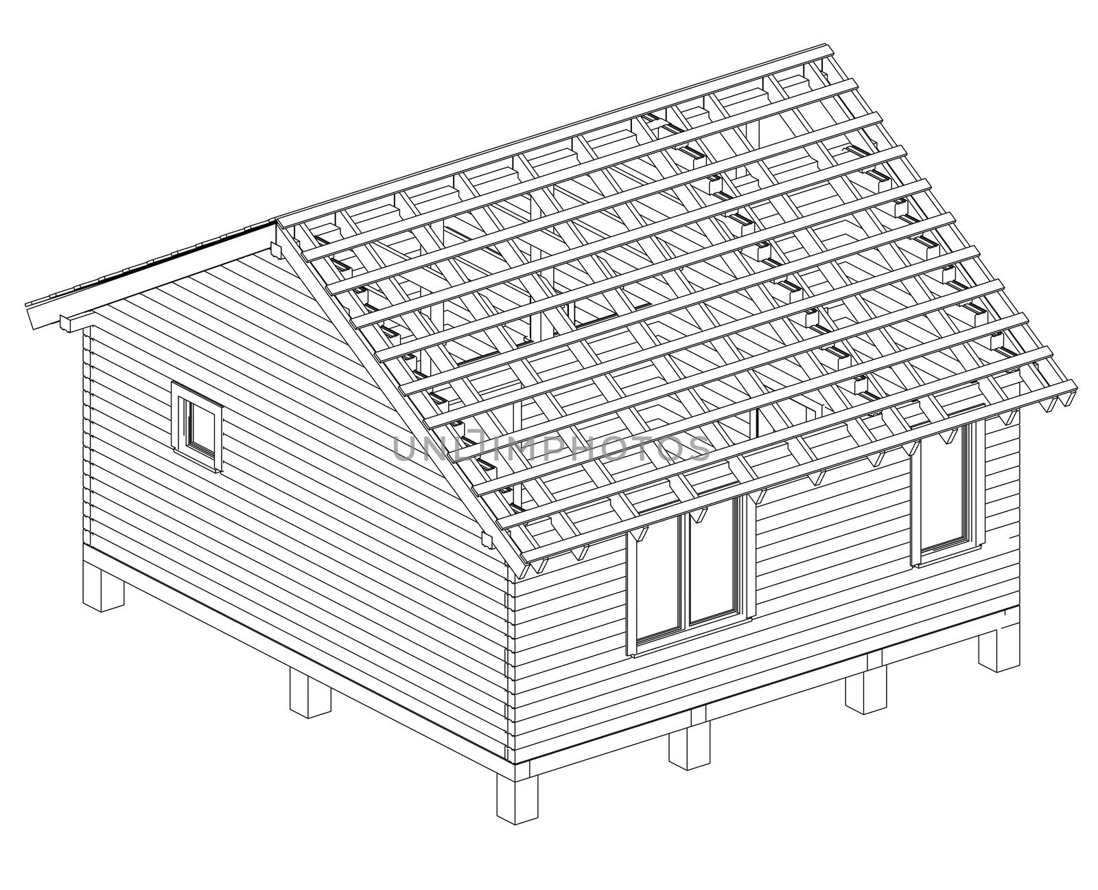 Sketch of small house. Wire-frame style. 3d illustration