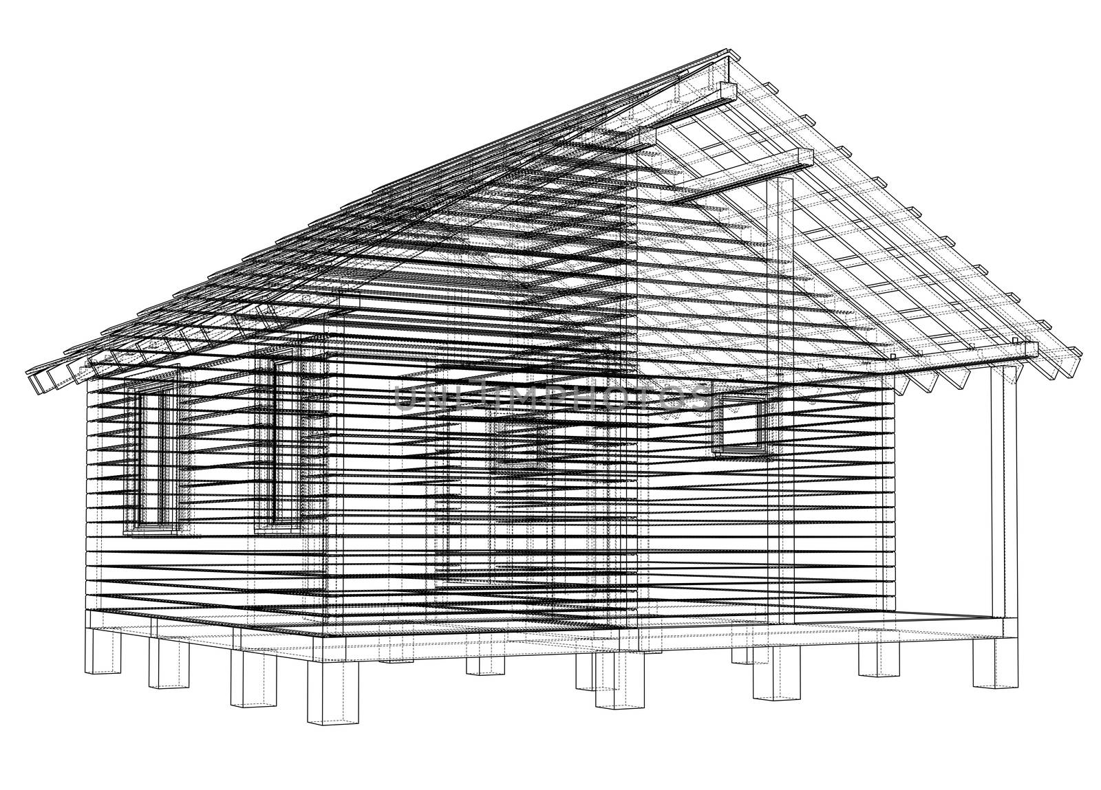 Sketch of small house. Wire-frame style. 3d illustration