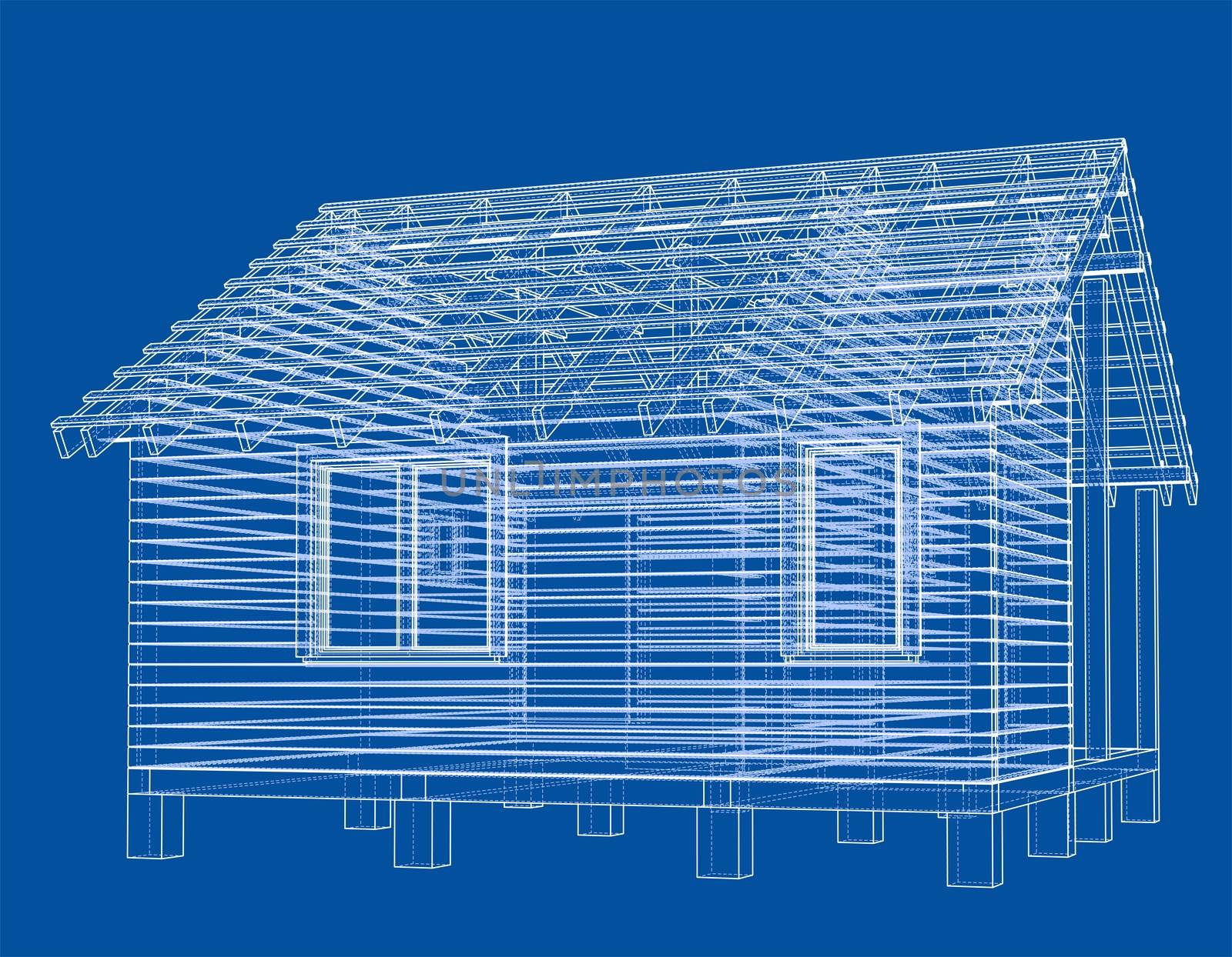 Sketch of small house. Wire-frame style. 3d illustration