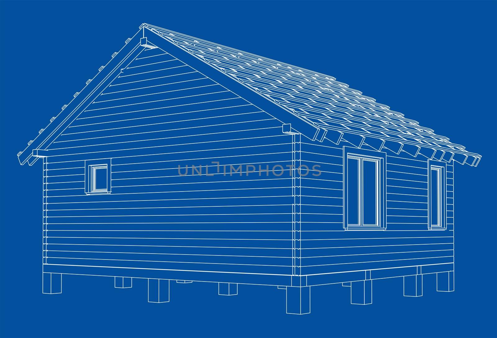 Sketch of small house. Wire-frame style. 3d illustration