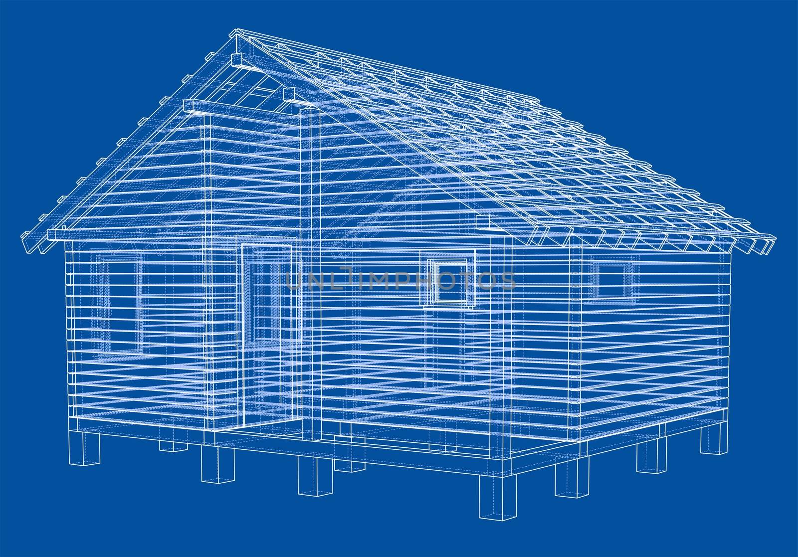 Sketch of small house. Wire-frame style. 3d illustration