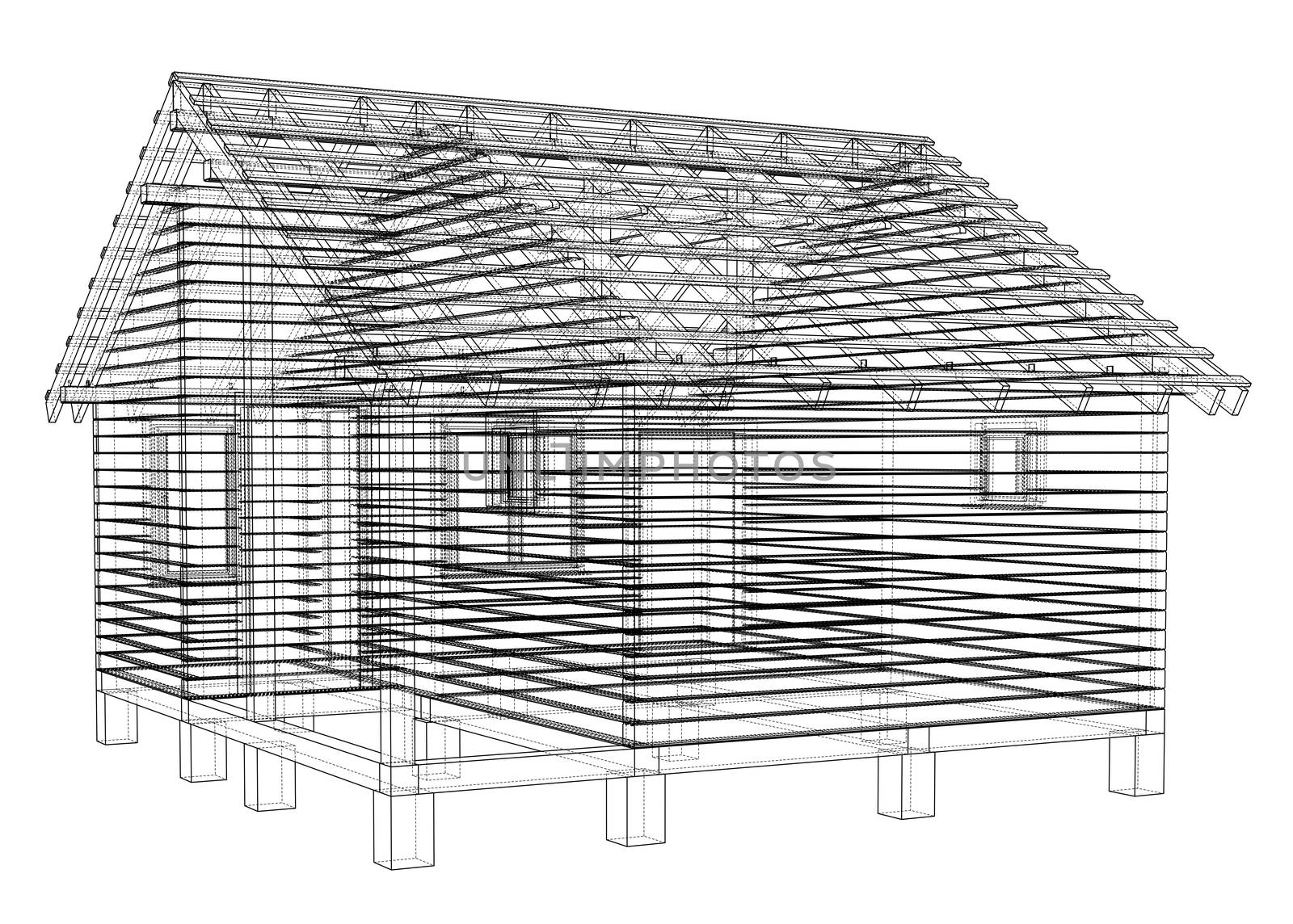 Sketch of small house. Wire-frame style. 3d illustration