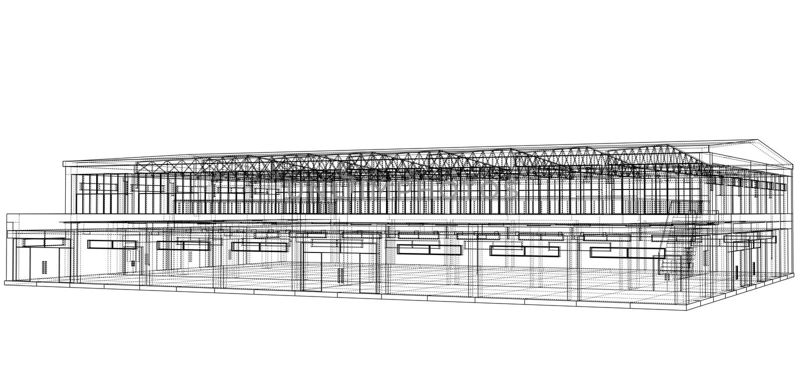 Warehouse sketch. Blueprint or Wire-frame style. 3d illustration