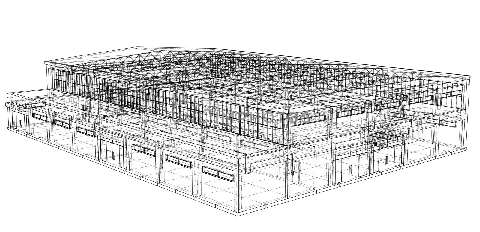 Warehouse sketch. Blueprint or Wire-frame style. 3d illustration
