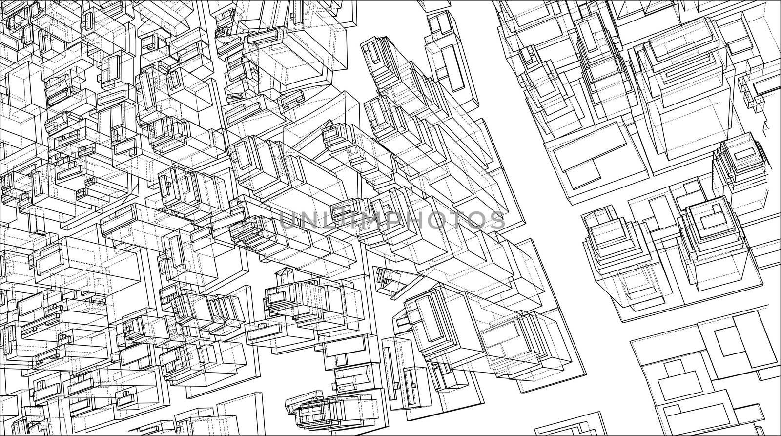 Wire-frame City, Blueprint Style. 3D Rendering. Architecture Design Background