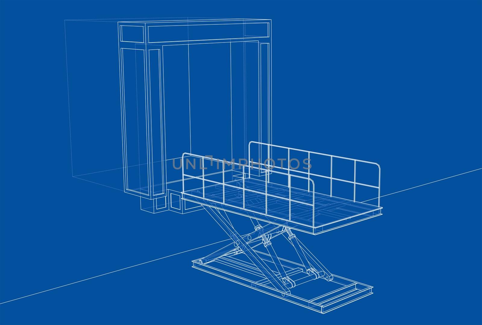 Dock leveler concept. 3d illustration. Wire-frame style