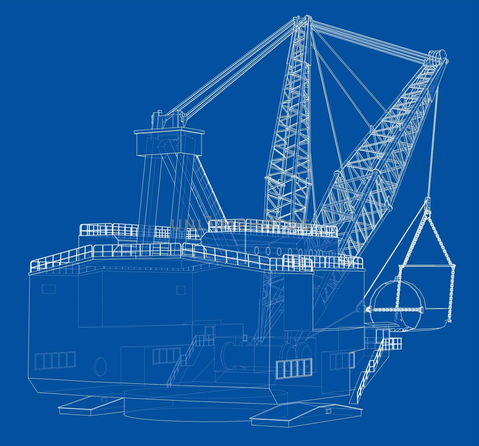 Dragline walking excavator. 3d illustration. Wire-frame style