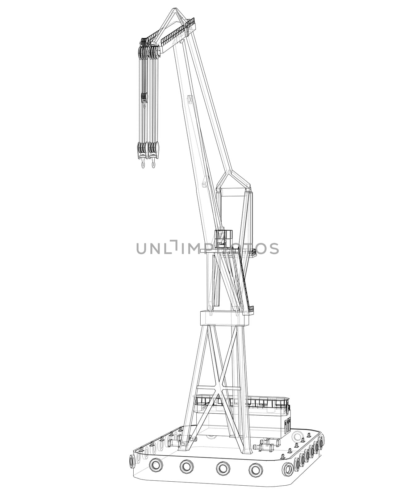 Floating crane. 3d illustration. Blueprint or Wire-frame style