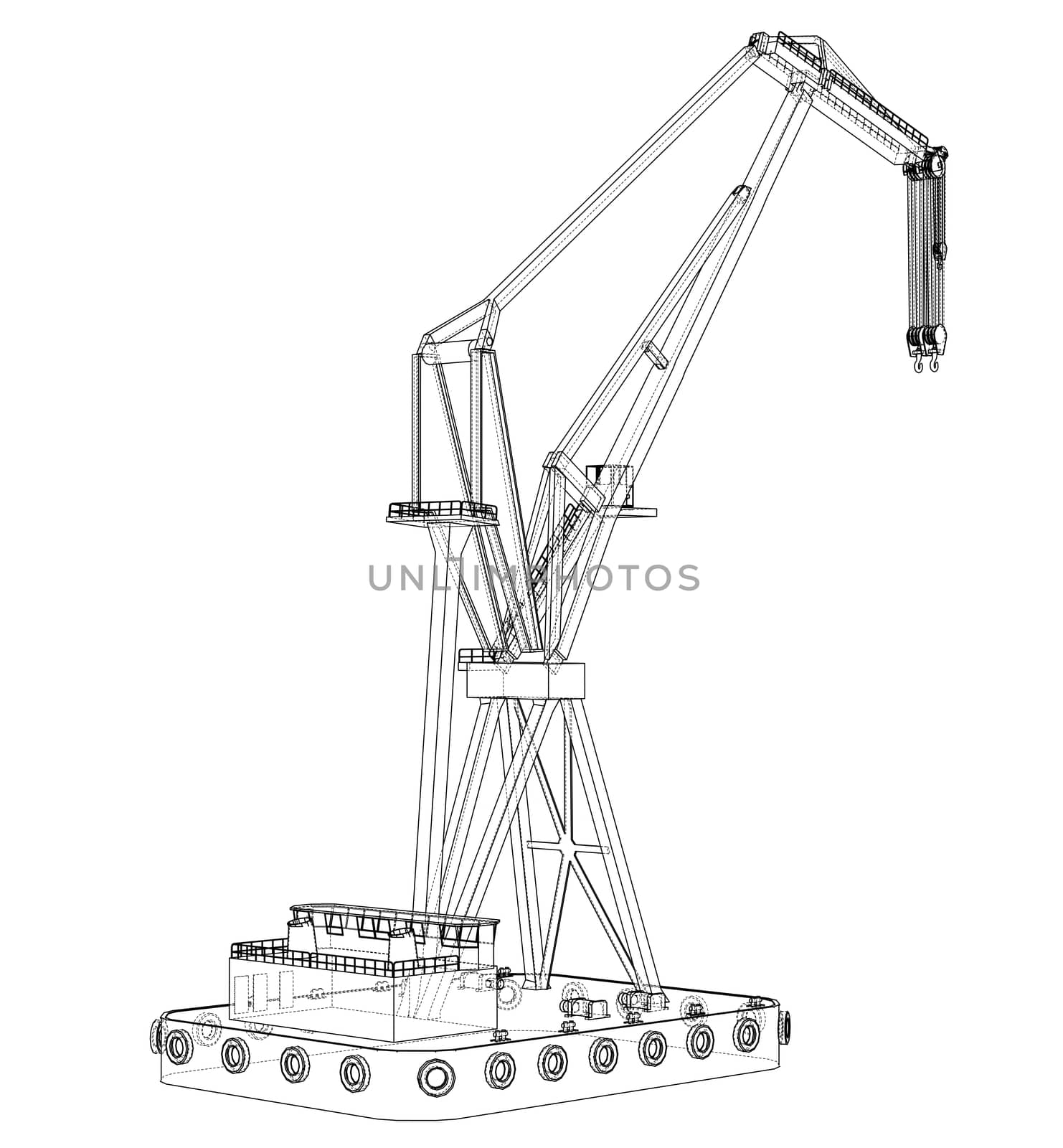 Floating crane. 3d illustration. Blueprint or Wire-frame style