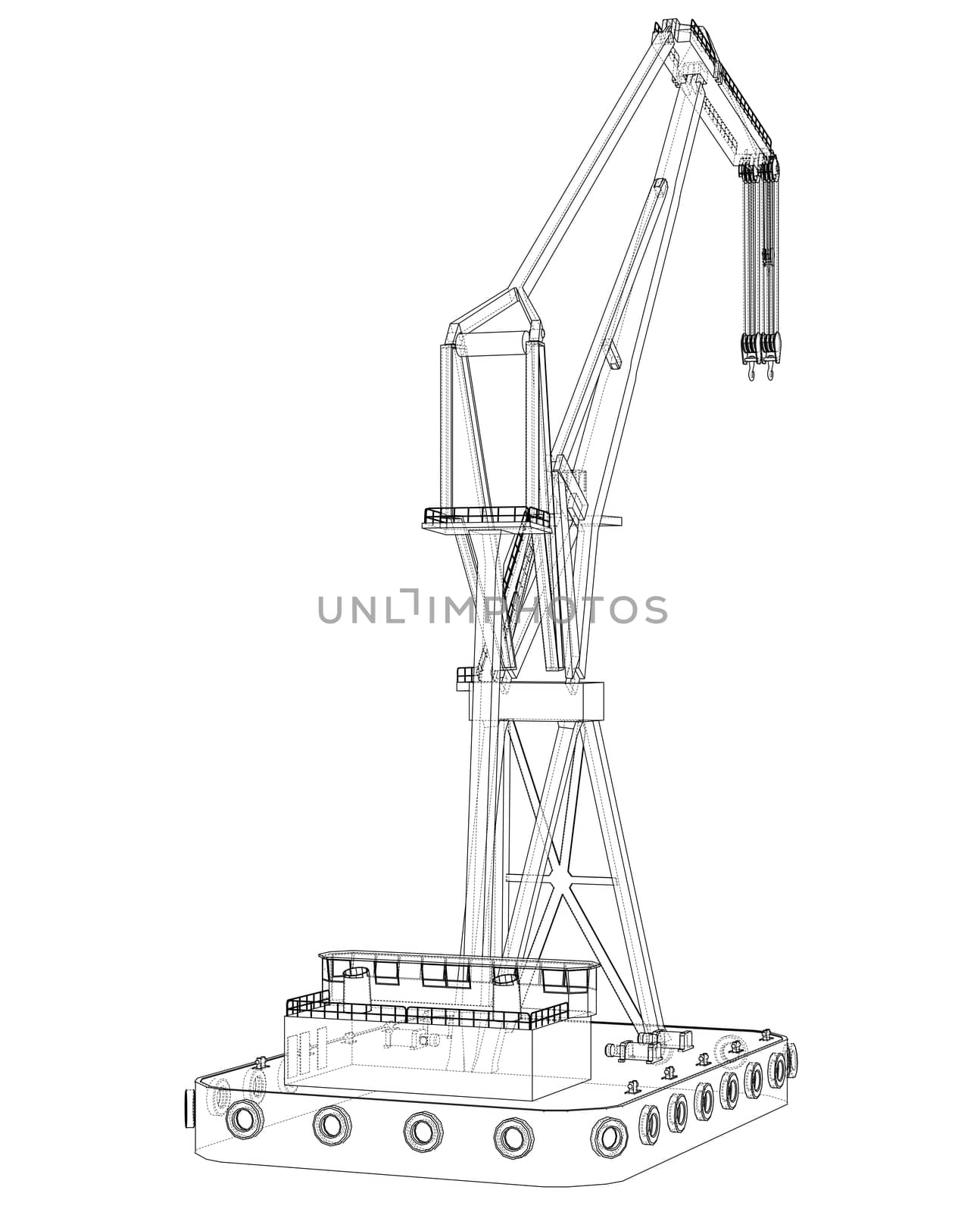 Floating crane. 3d illustration. Blueprint or Wire-frame style