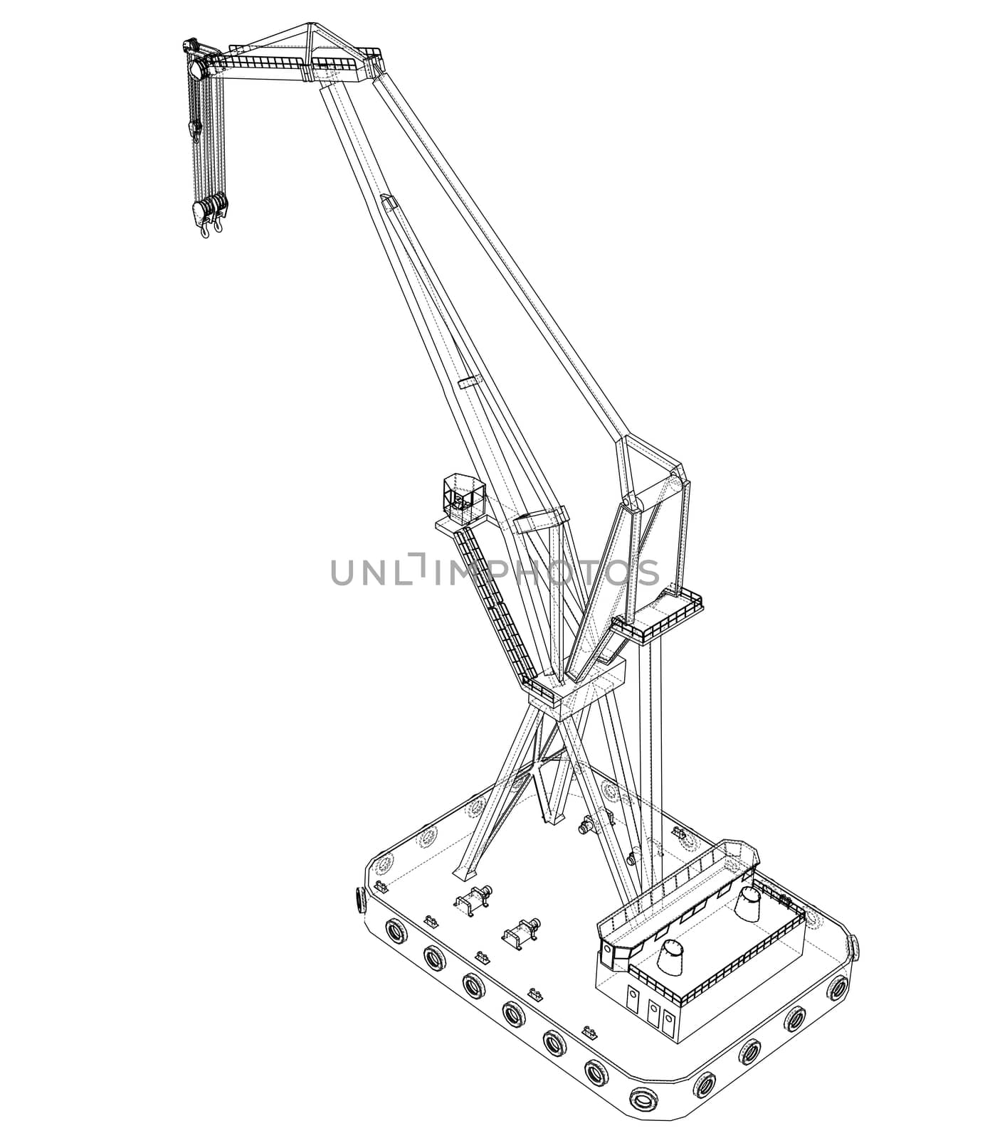 Floating crane. 3d illustration. Blueprint or Wire-frame style