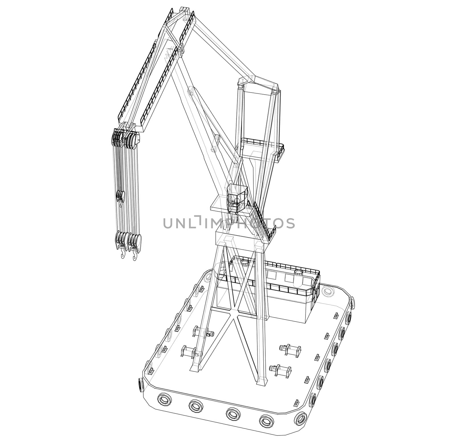 Floating crane. 3d illustration. Blueprint or Wire-frame style