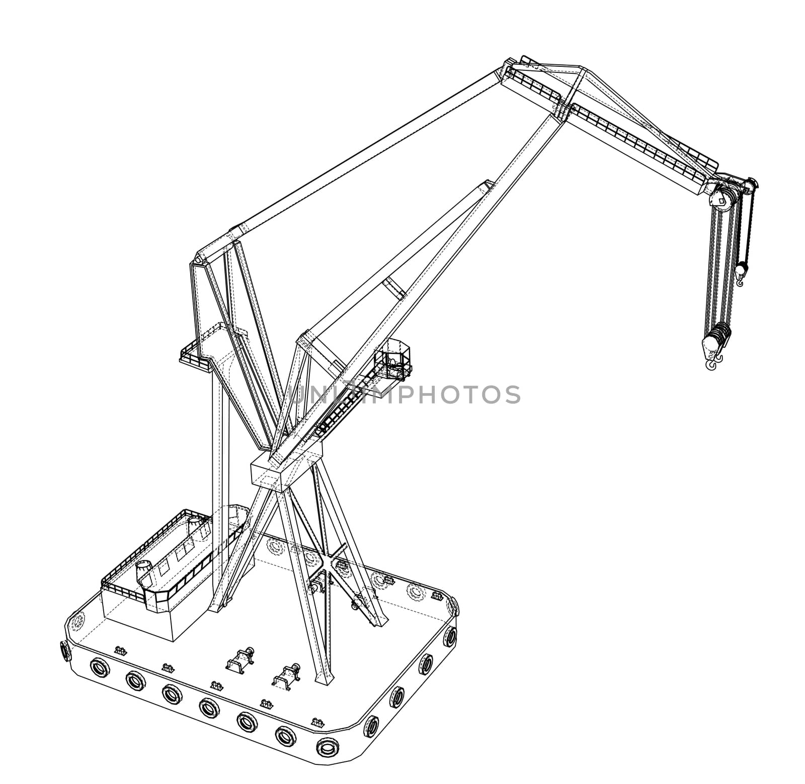 Floating crane. 3d illustration. Blueprint or Wire-frame style