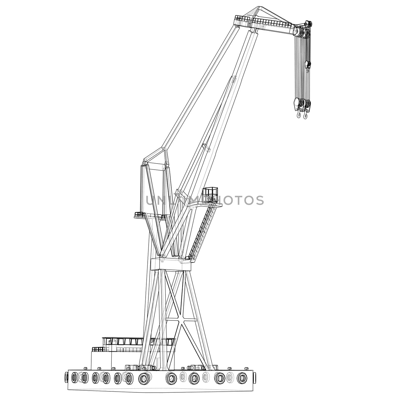 Floating crane. 3d illustration. Blueprint or Wire-frame style