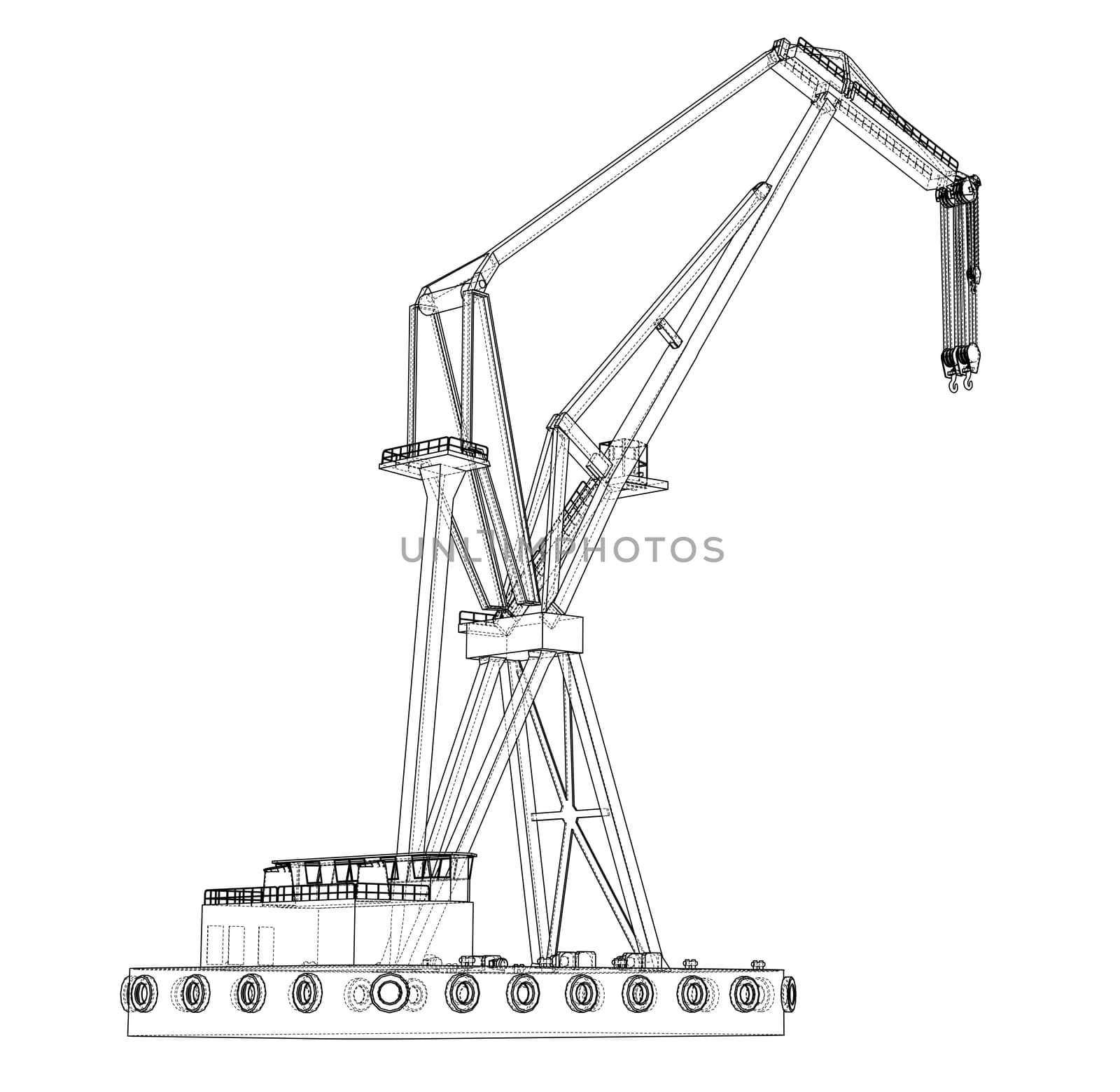 Floating crane. 3d illustration. Blueprint or Wire-frame style